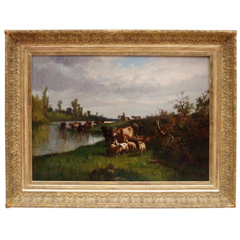 Huile sur toile d'Antonio Cortes, scène pastorale, XIXe siècle en vente