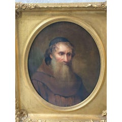 Large Oil on Canvas Portrait Painting of a Monk, Gilt Wood Frame, 19th Century