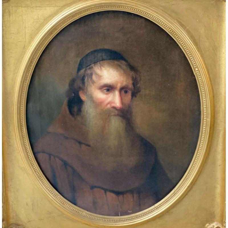 Oiled Large Oil on Canvas Portrait Painting of a Monk, Gilt Wood Frame, 19th Century For Sale