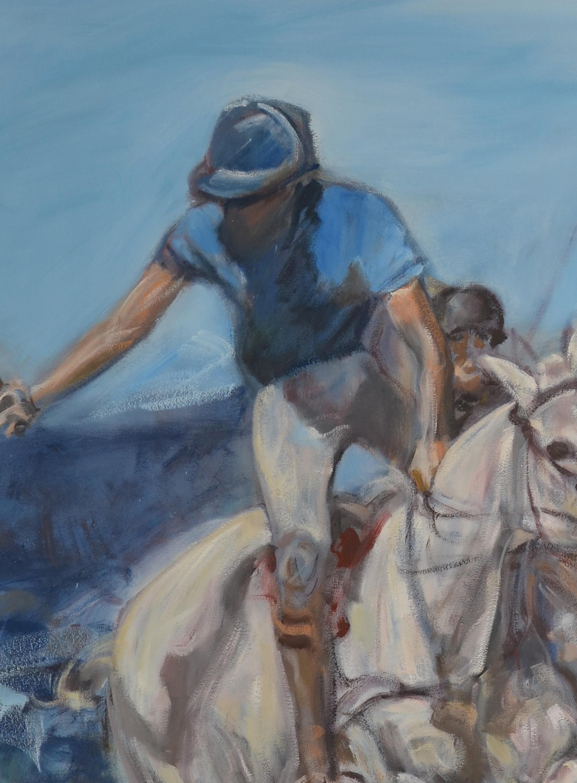 A large oil on canvas portrait of a polo player by the contemporary artist Igor Bogojevic ( Montenegro Born in 1980 ). The painting features a polo player in a swing position. The impressionist style painting features blue tone and earthy