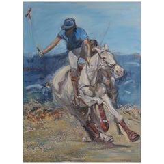 Large Oil on Canvas Portrait Painting of a Polo Player