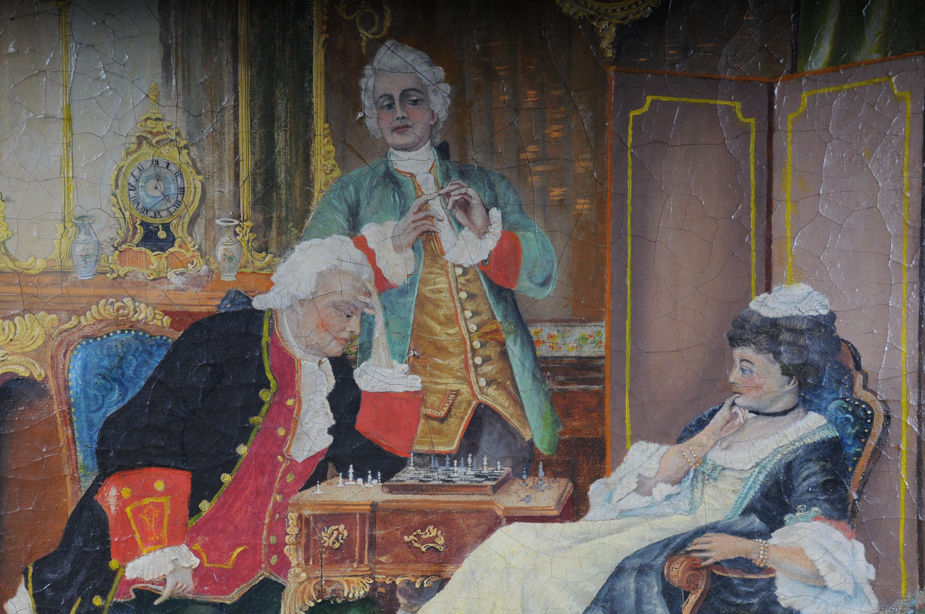 Ölgemälde auf Leinwand. Umfangreiche Craquelébildung. Illustrationen eines Schachspiels aus der Zeit des Rokoko. Sehr dekorativ und farbenfroh bemalt. Gerahmtes Gemälde, unsigniertes Werk


(S - 227).
