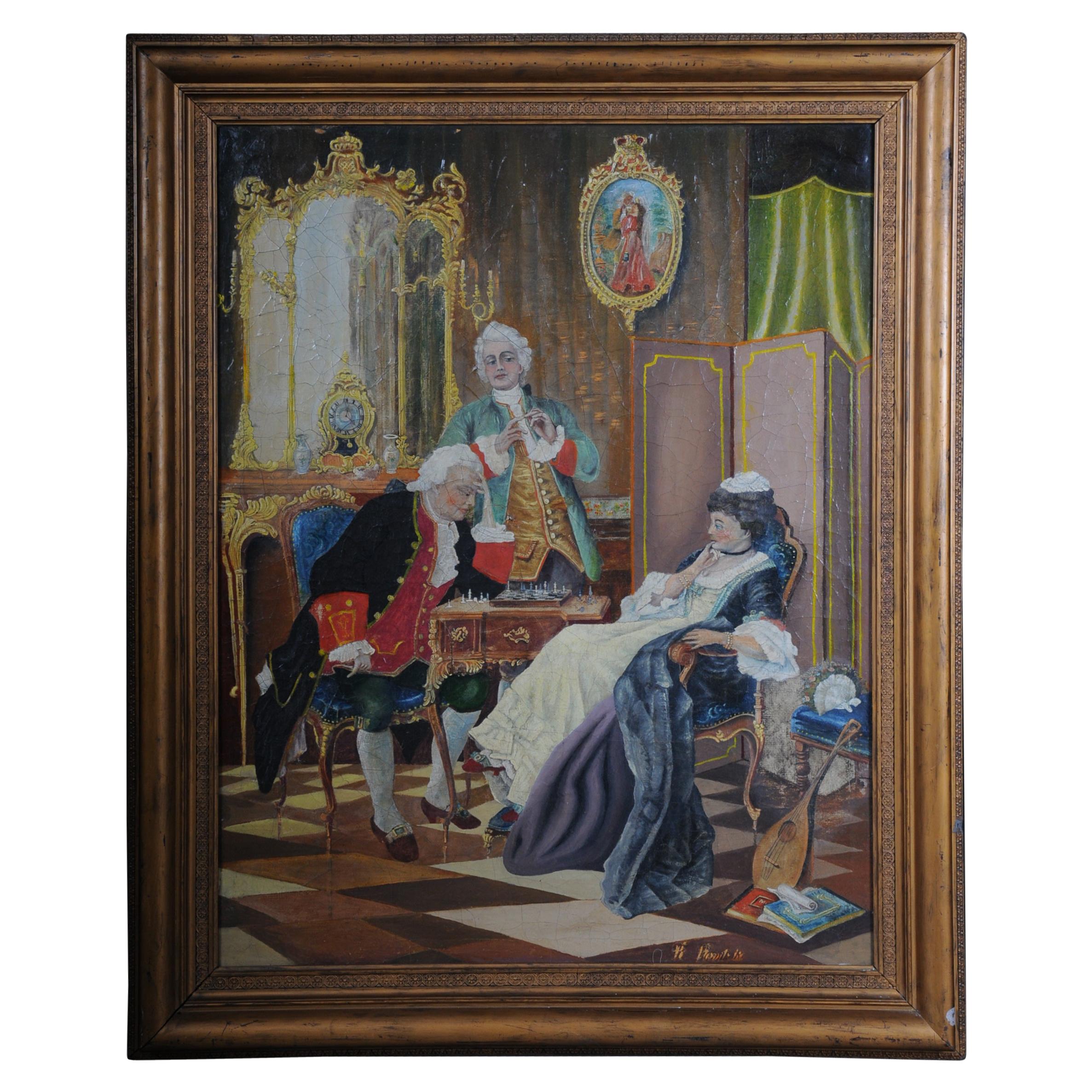 Grande peinture rococo à l'huile sur toile:: vers 1900
