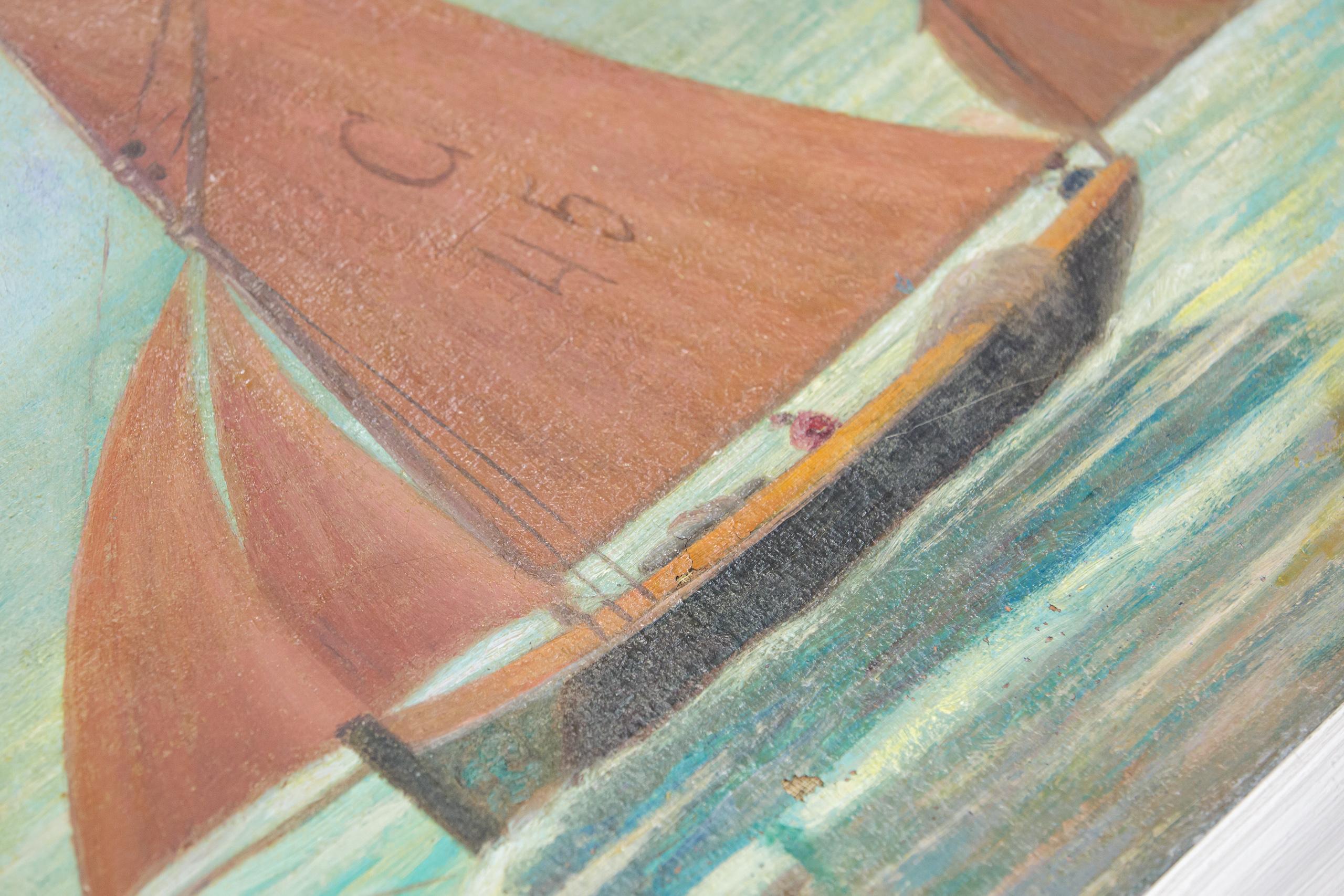 Large Oil on Canvas Sailing Dinghy Scene by L Dumouchel 1949 For Sale 5