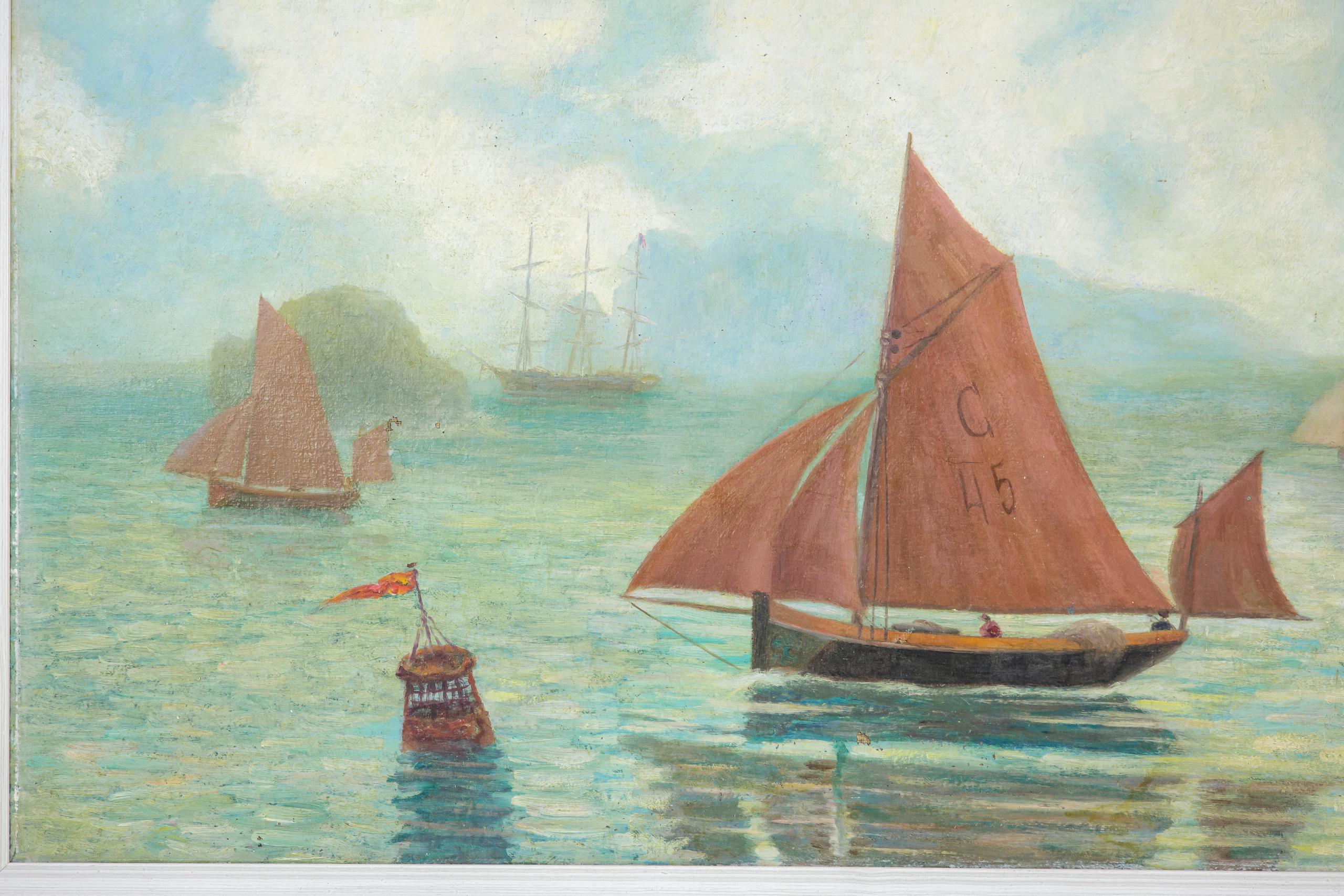 Large Oil on Canvas Sailing Dinghy Scene by L Dumouchel 1949 In Fair Condition For Sale In Pease pottage, West Sussex
