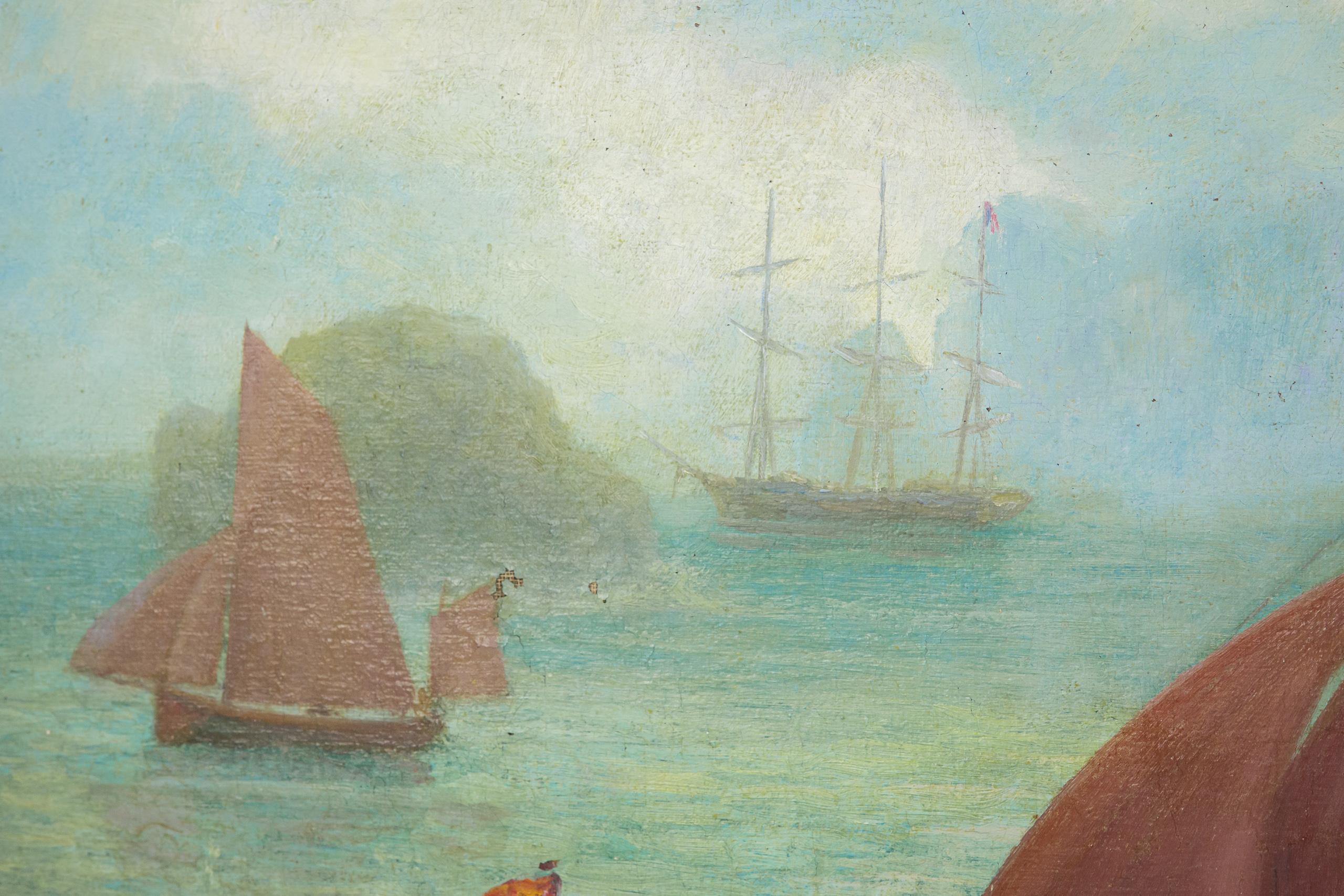Large Oil on Canvas Sailing Dinghy Scene by L Dumouchel 1949 For Sale 1