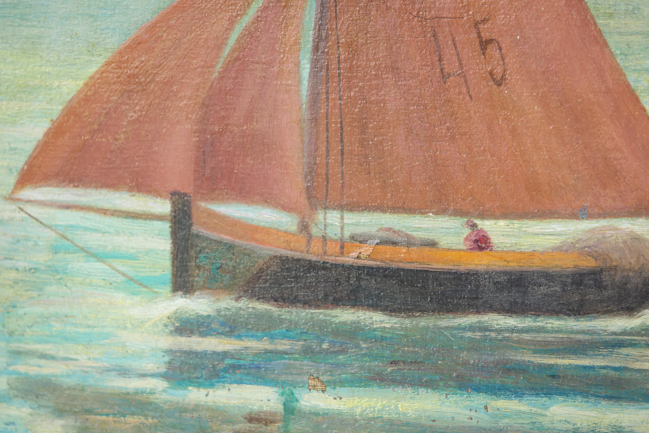 Large Oil on Canvas Sailing Dinghy Scene by L Dumouchel 1949 For Sale 3