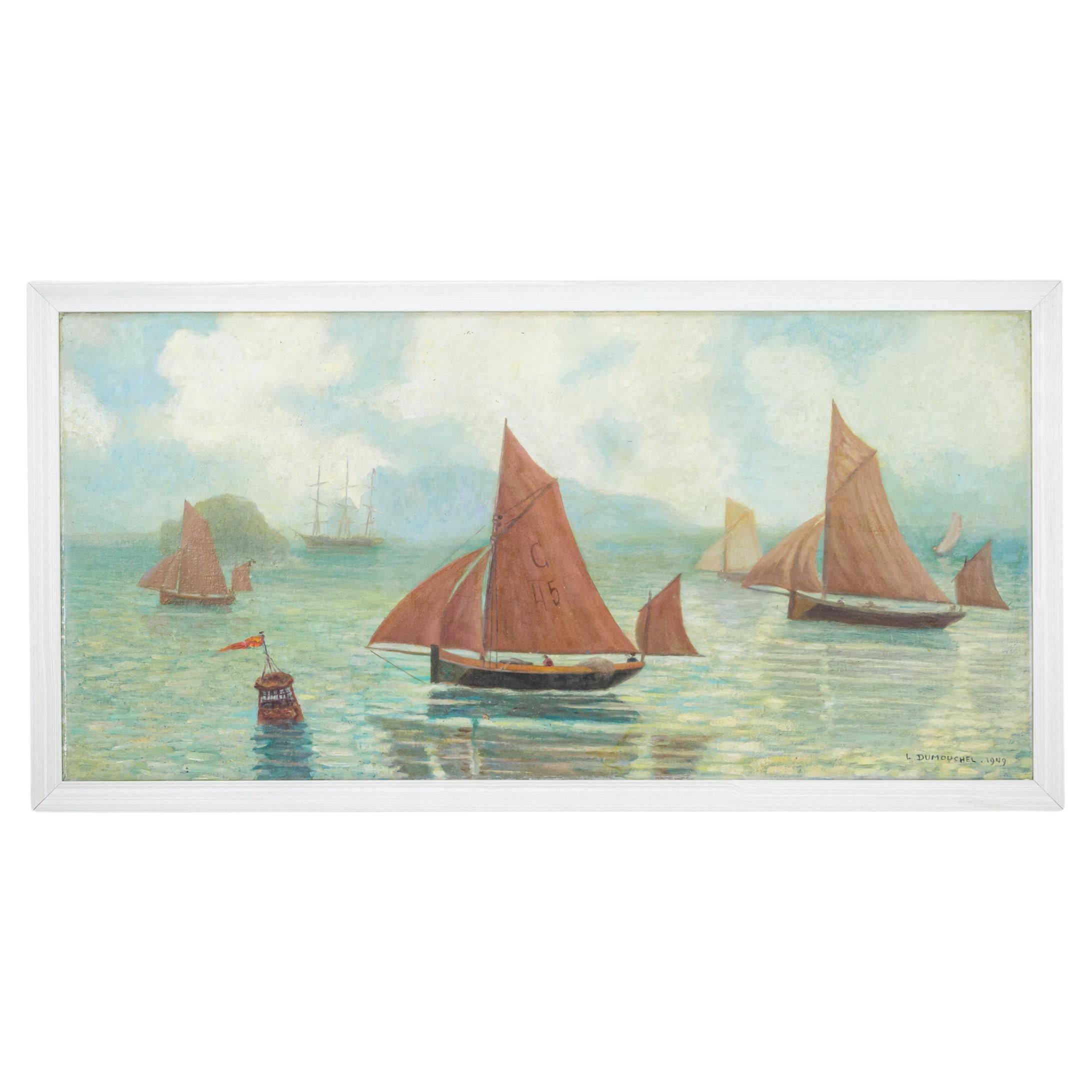 Large Oil on Canvas Sailing Dinghy Scene by L Dumouchel 1949 For Sale