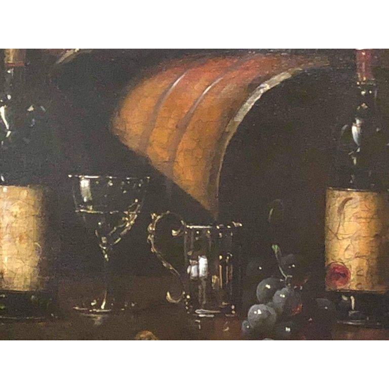 Modern Large Oil on Canvas Still Life of Wine Bottles with Glasses, Framed and Signed 
