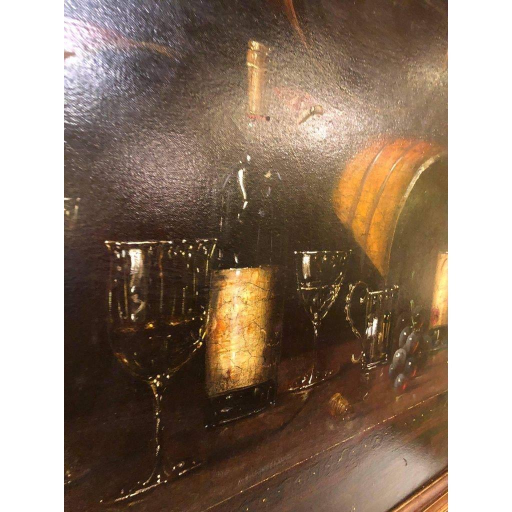 Large Oil on Canvas Still Life of Wine Bottles with Glasses, Framed and Signed  In Good Condition In Plainview, NY