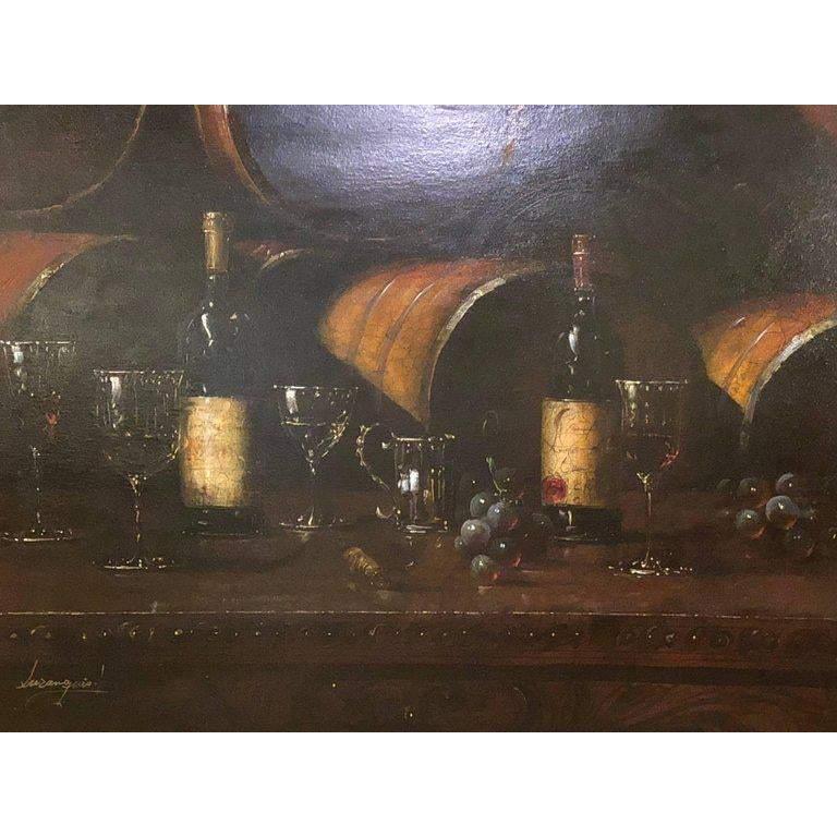 Large Oil on Canvas Still Life of Wine Bottles with Glasses, Framed and Signed  2