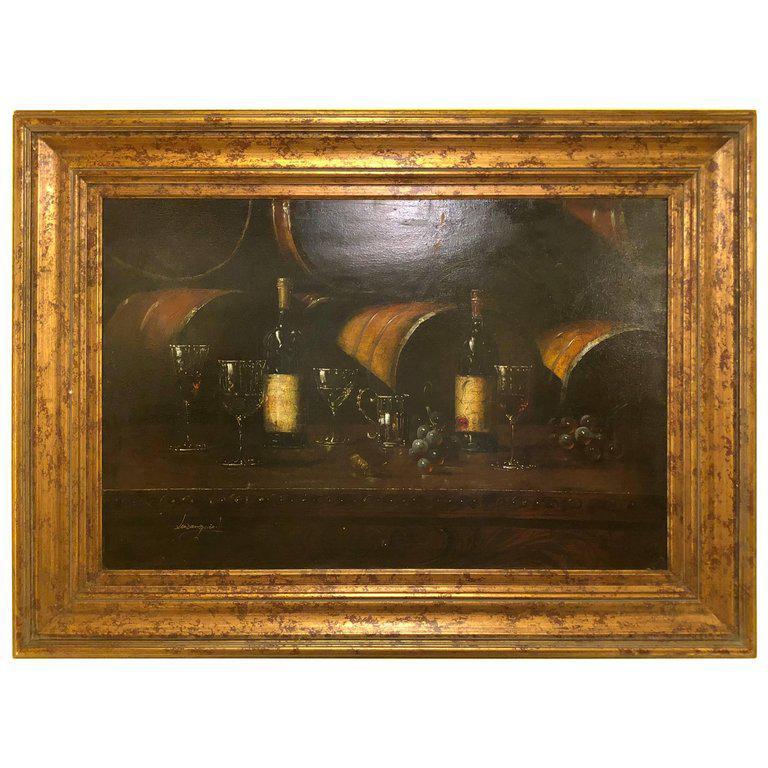 Large Oil on Canvas Still Life of Wine Bottles with Glasses, Framed and Signed  3