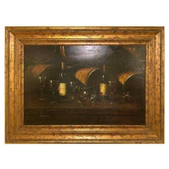 Large Oil on Canvas Still Life of Wine Bottles with Glasses, Framed and Signed 