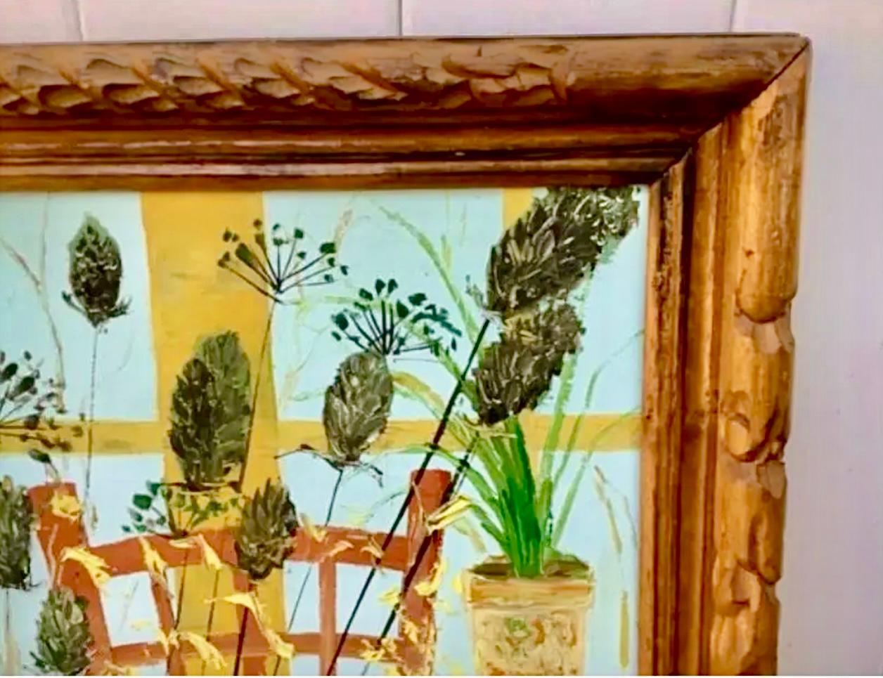 Gorgeous oversized midcentury oil painting on canvas. Painting is of flowers and chair in front of windowpane. Vibrant golds, reds, and green in front of window, all surrounded by an ornate carved wooden frame. Excellent condition with no scratches.