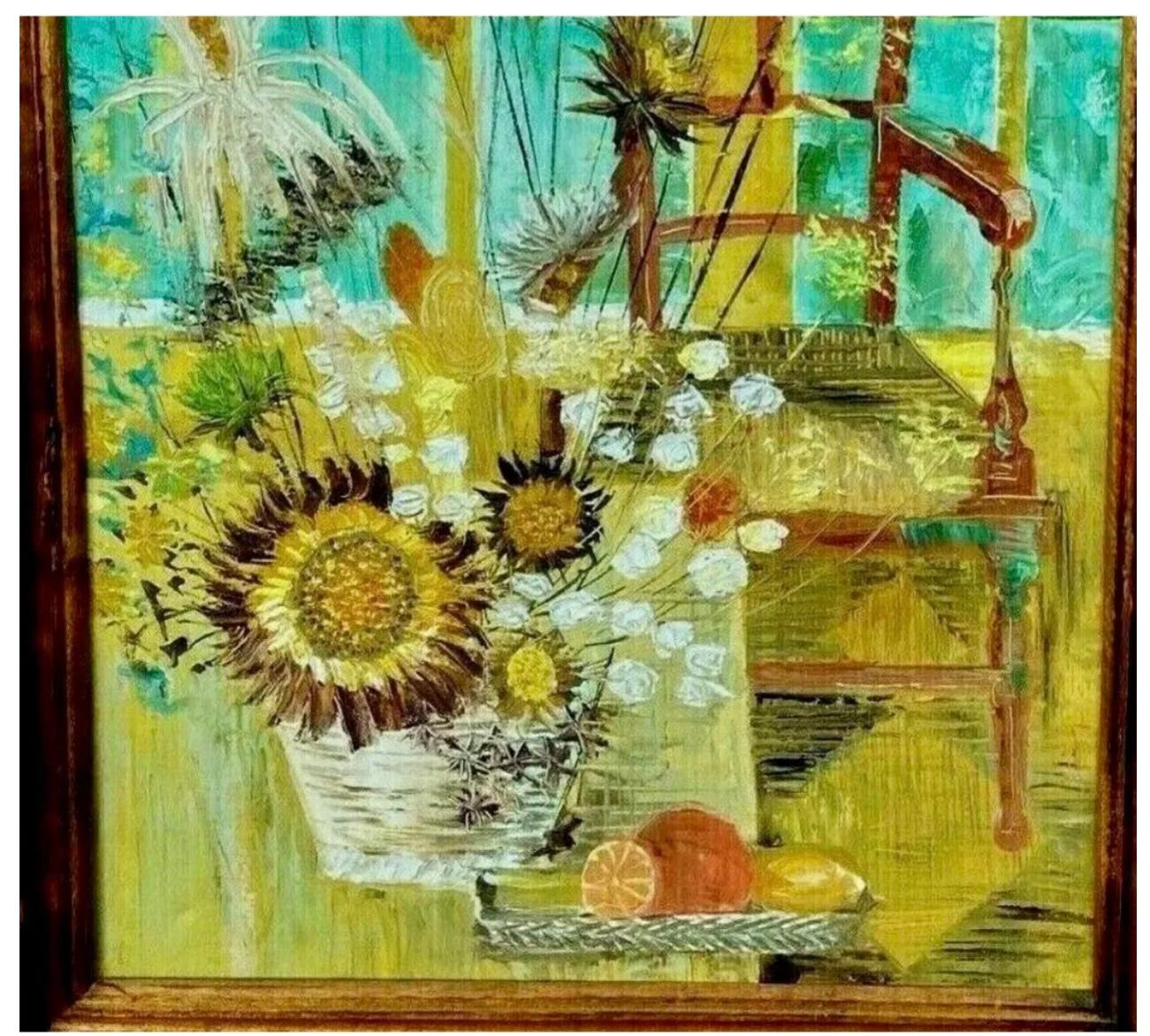 Mid-Century moderno Grande dipinto a olio su tela con scena di finestra, metà del secolo scorso in vendita