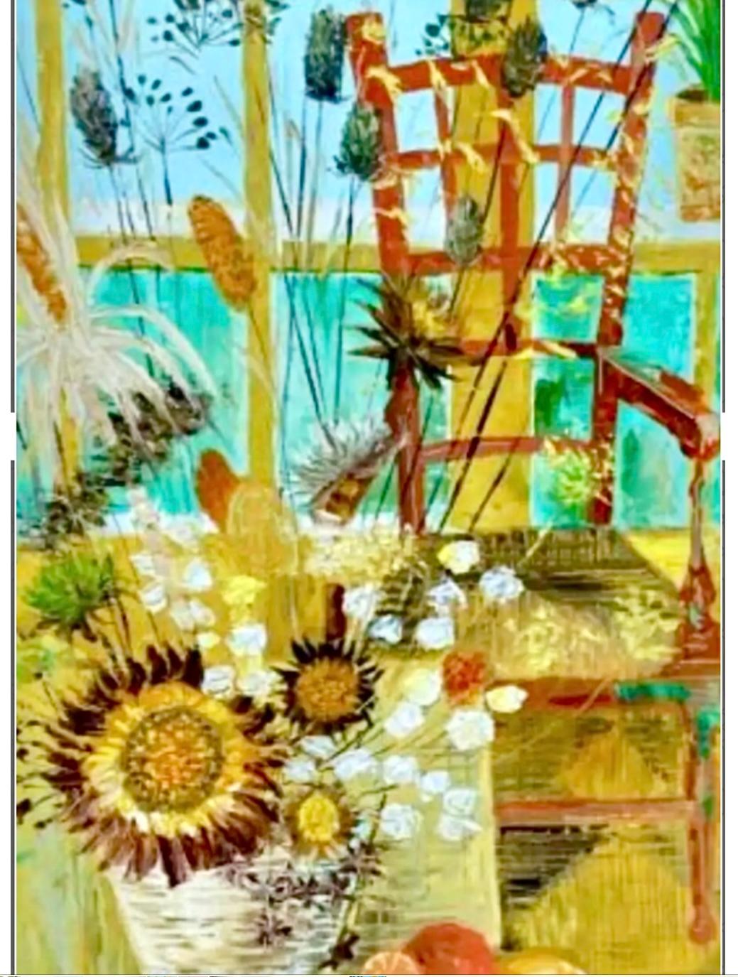 Grande peinture à l'huile sur toile représentant une scène de fenêtre, milieu du siècle dernier Bon état - En vente à Bradenton, FL