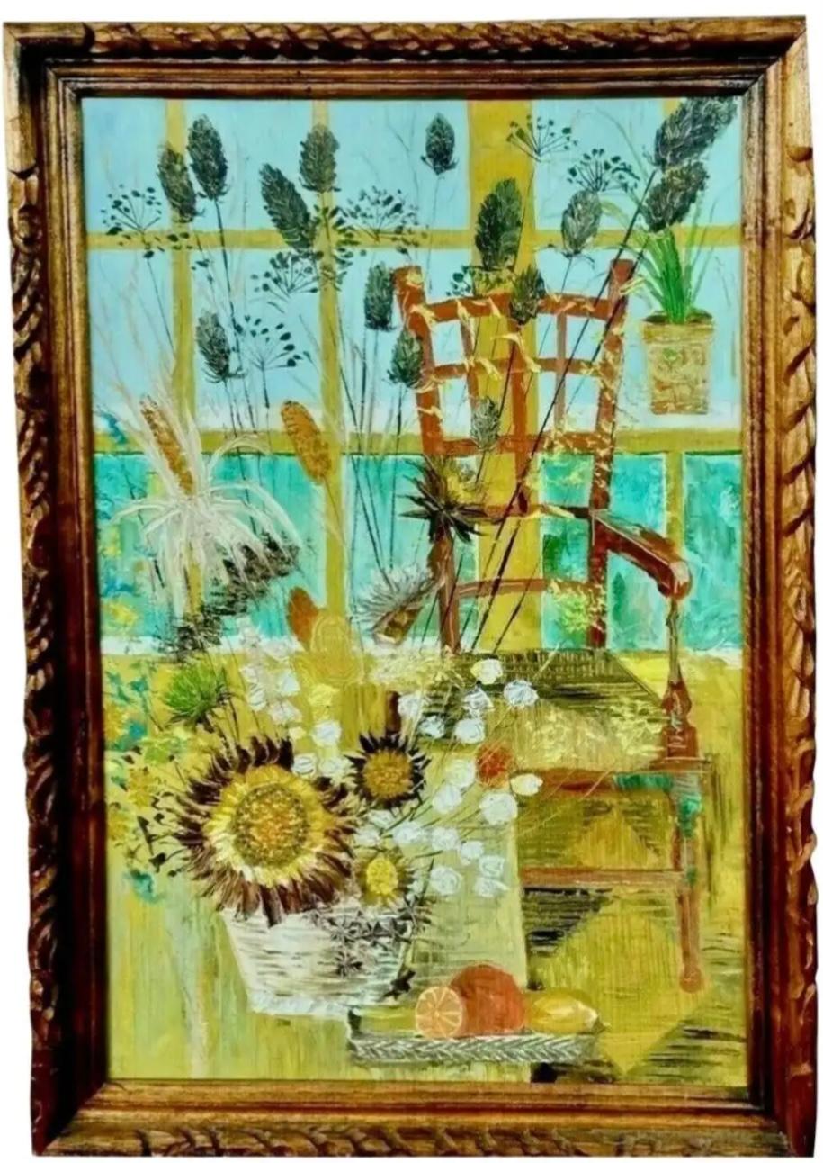 Large Oil on Canvas Window Scene Painting, Midcentury For Sale 1