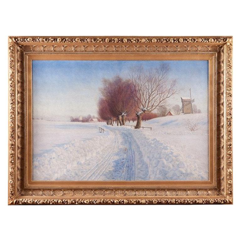 Grande olio su tela Paesaggio invernale di Peter Adolf Persson con cornice in Wood dorato