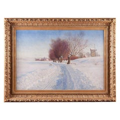 Used Large Oil on Canvas Winter Landscape by Peter Adolf Persson in Gilded Wood Frame