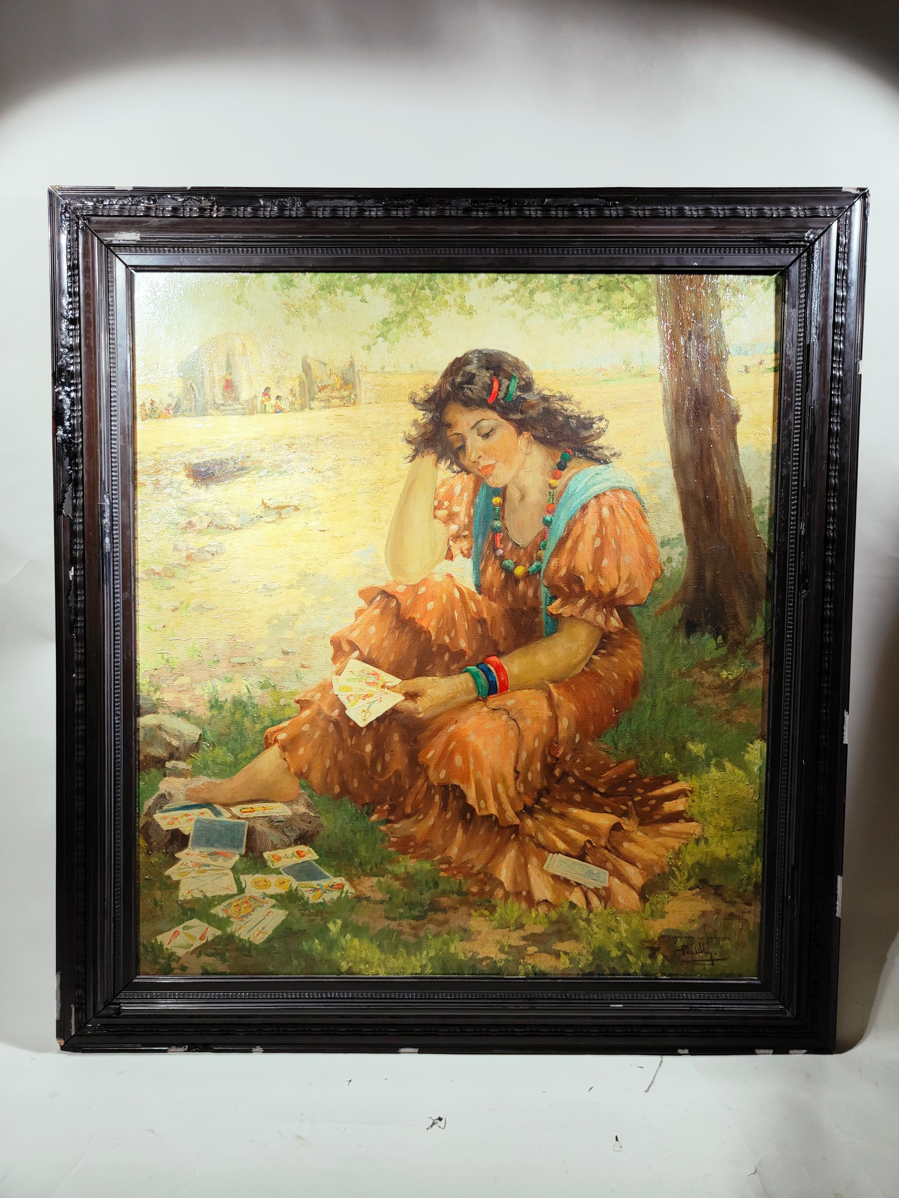Large Oil on Canvas with Young Gypsy Fortune Teller For Sale 6