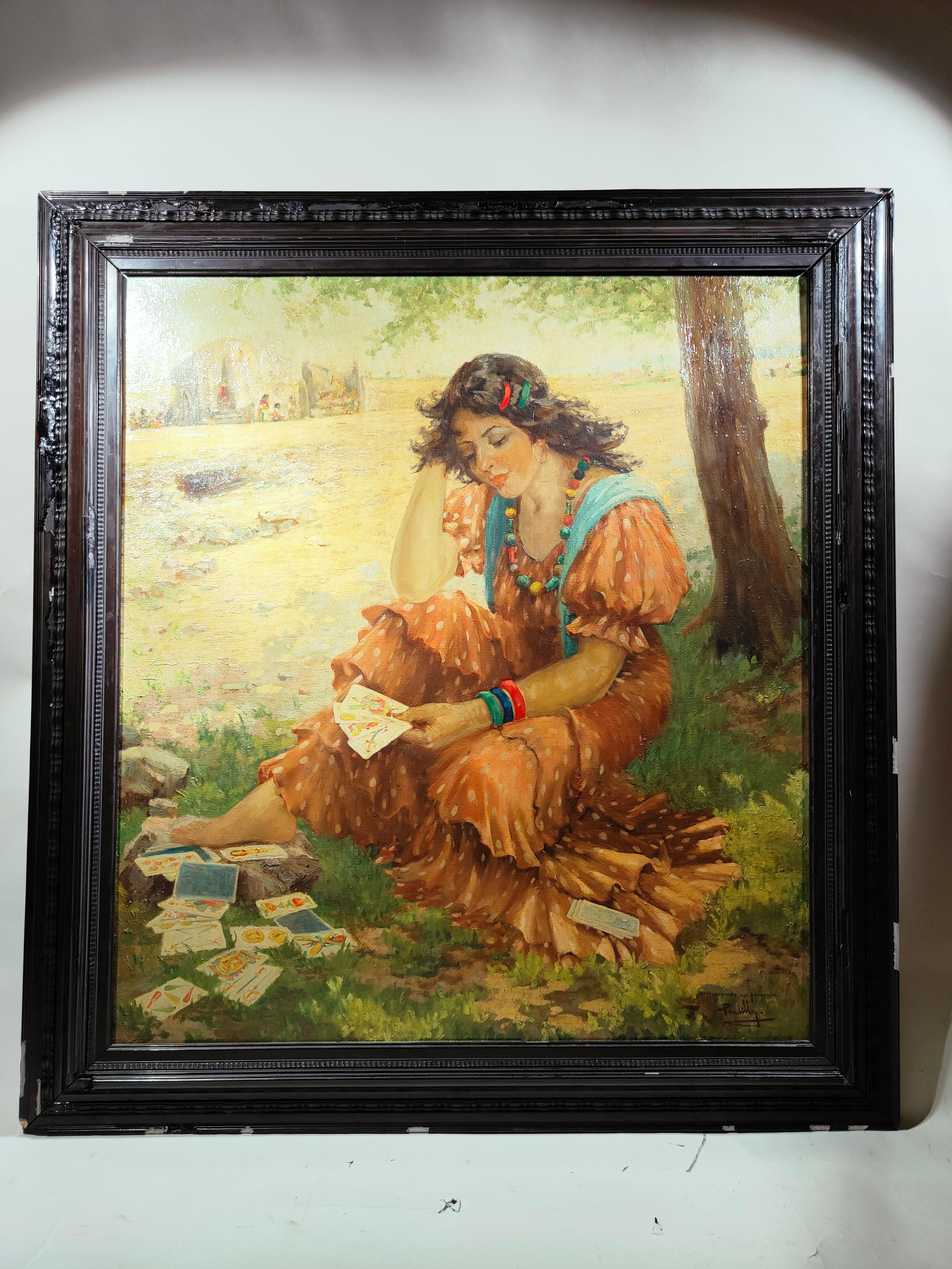 Large Oil on Canvas with Young Gypsy Fortune Teller For Sale 7