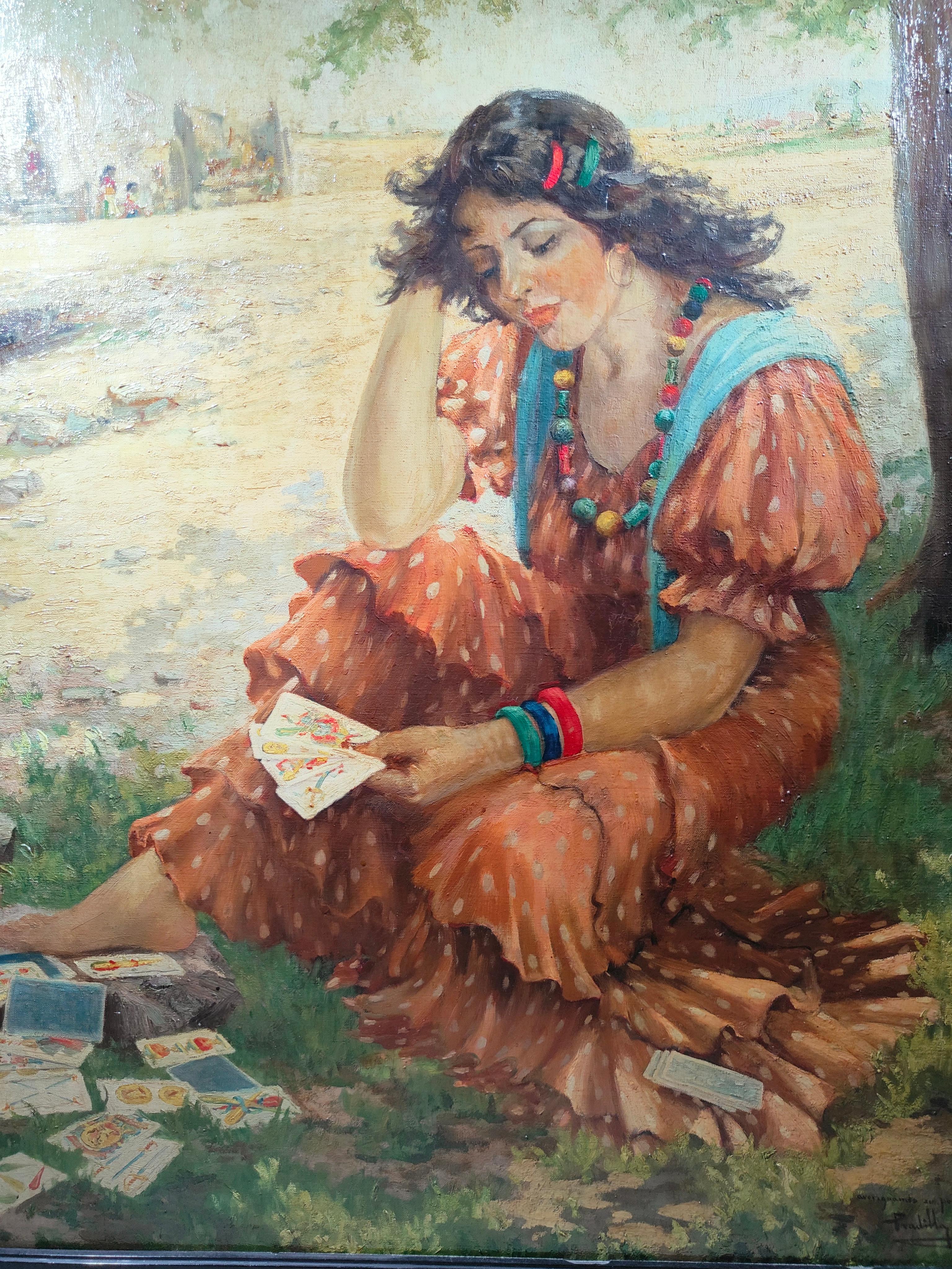 Large Oil On Canvas With Young Gypsy Fortune teller.
LARGE OIL ON CANVAS WITH YOUNG Gypsy guessing the future VERY INTERESTING OIL ON CANVAS REPRESENTING A YOUNG Gypsy guessing the FUTURE. IT IS SIGNED BY: PRADILLA AND TITLE: discovering the