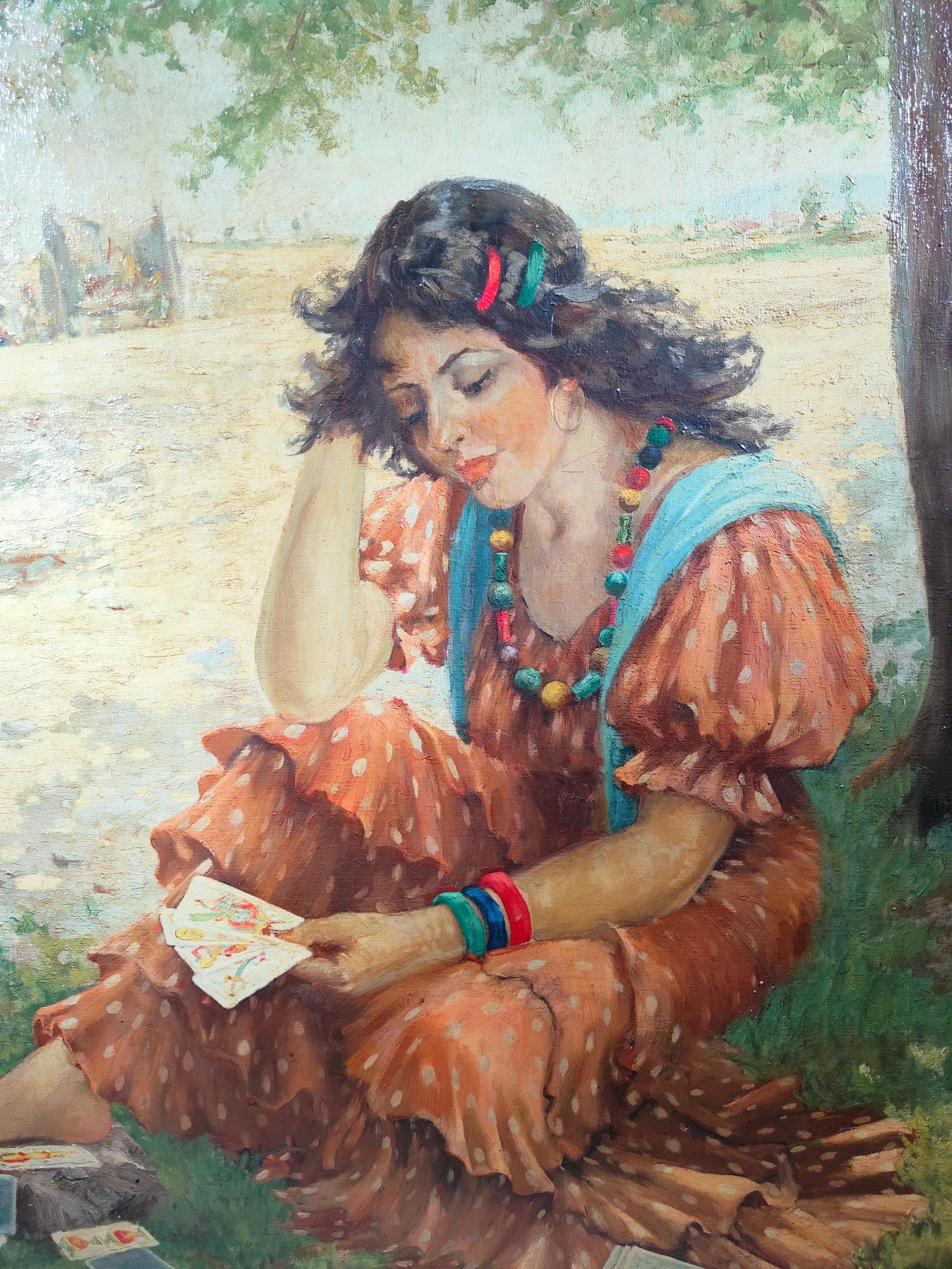 Large Oil on Canvas with Young Gypsy Fortune Teller In Good Condition For Sale In Madrid, ES