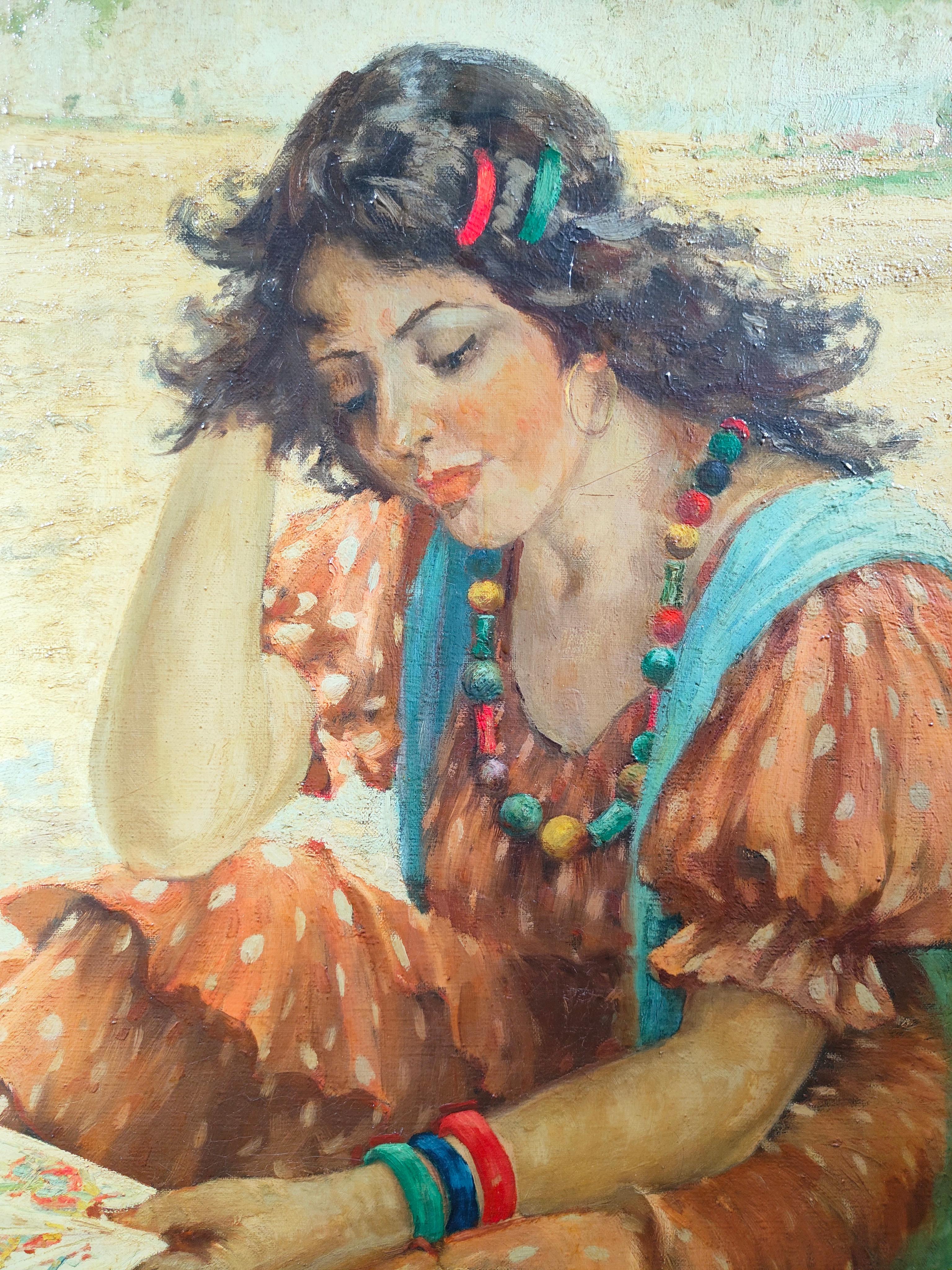 Early 20th Century Large Oil on Canvas with Young Gypsy Fortune Teller For Sale