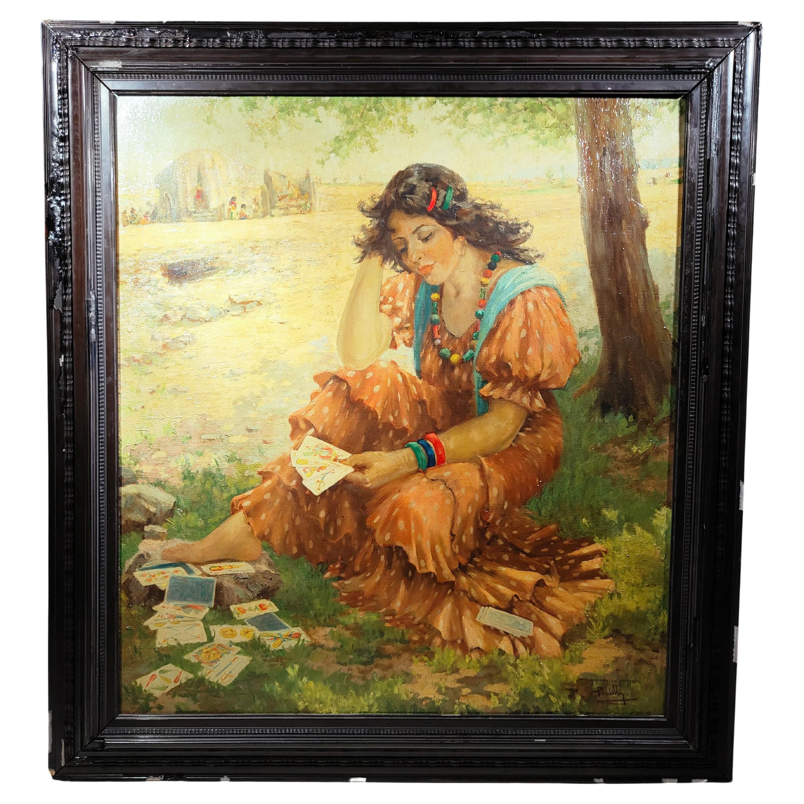 Large Oil on Canvas with Young Gypsy Fortune Teller For Sale