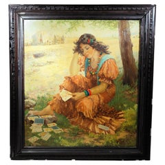 Antique Large Oil on Canvas with Young Gypsy Fortune Teller