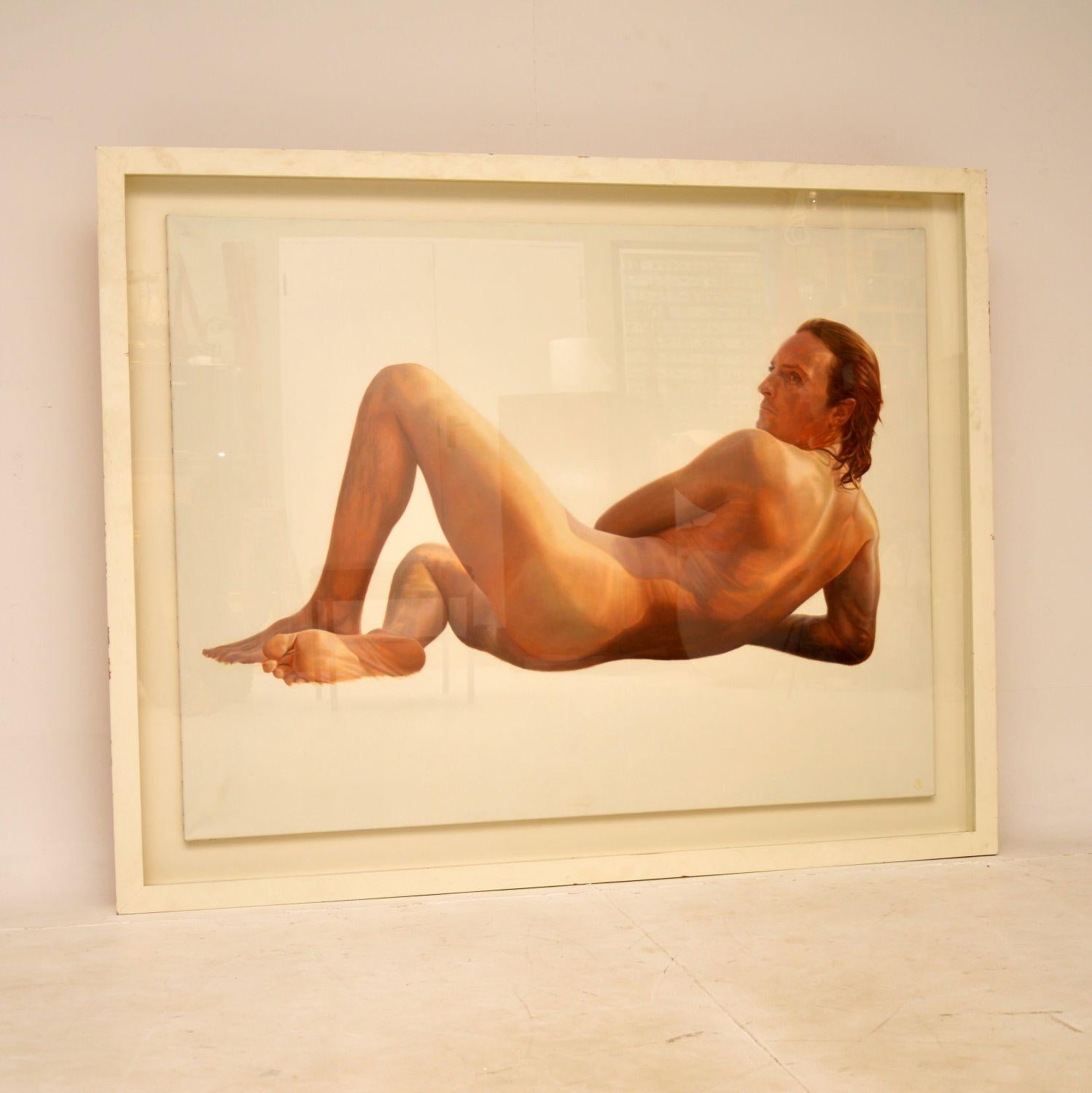 A large and impressive oil painting of a male nude, by acclaimed British artist Alan Brassington. This dates from the late 20th century.

Alan Brassington specialises in portraits and painting horses, he is currently the artist in residence Royal