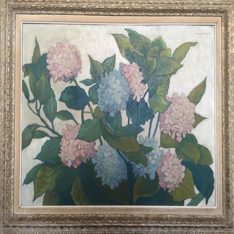 A large oil on panel representing a bouquet of hydrangeas, signed, framed and dated from 1944.
