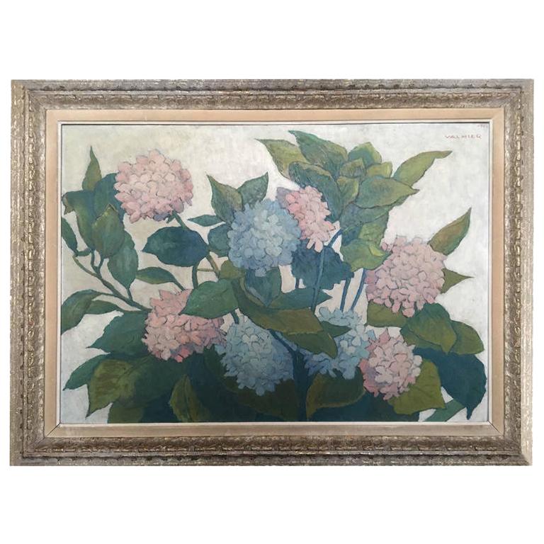 Large Oil on Panel from Valmier, 1944, Bouquet of Hydrangeas For Sale