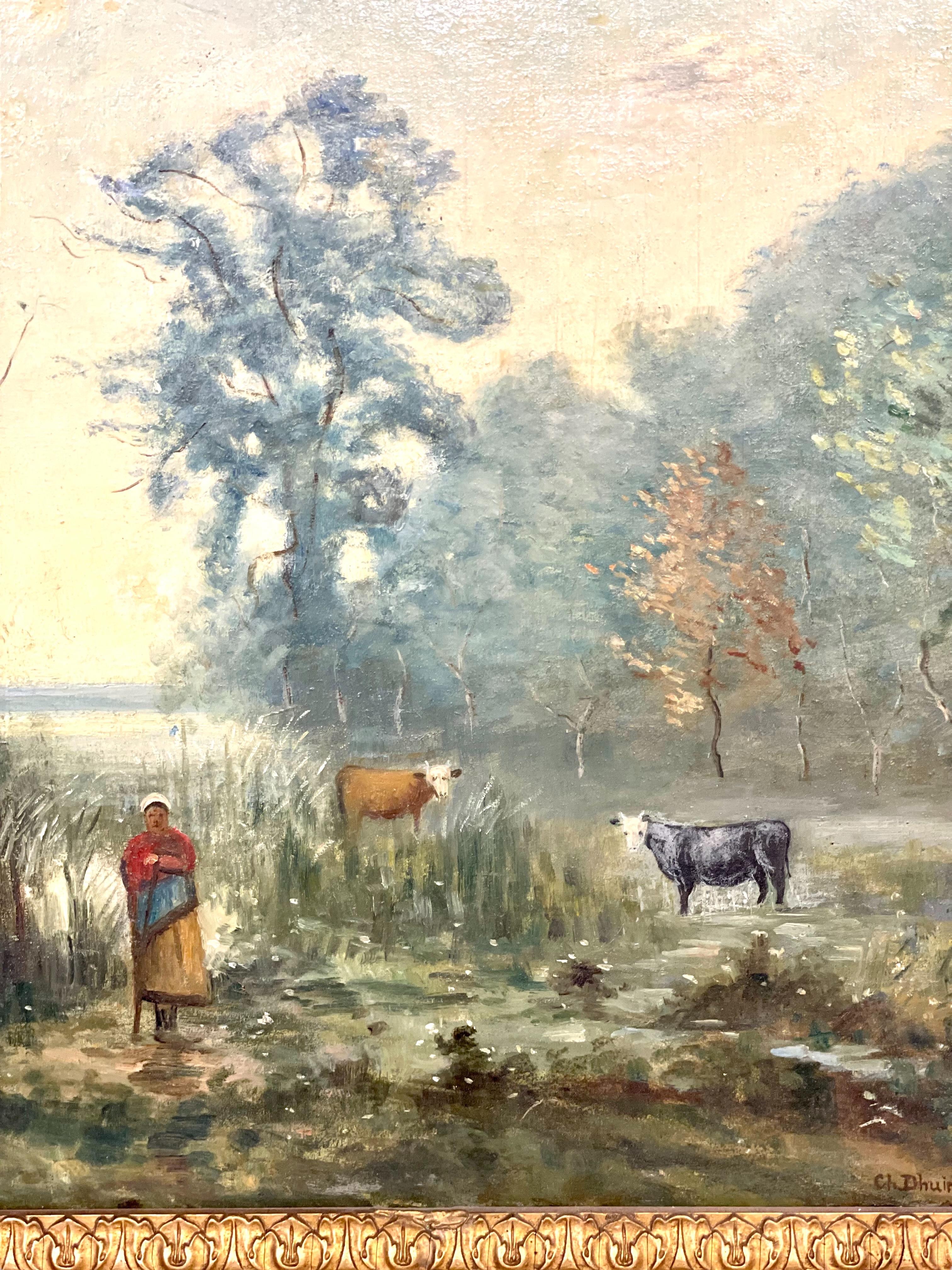 Oil on panel: 'The Cowherder by the Pond', by Charles Dhuin, painted around the end of the 19th century, and signed in its lower right corner. This idyllic pastoral scene, with its luminous sky and finely detailed characters, represents a snapshot