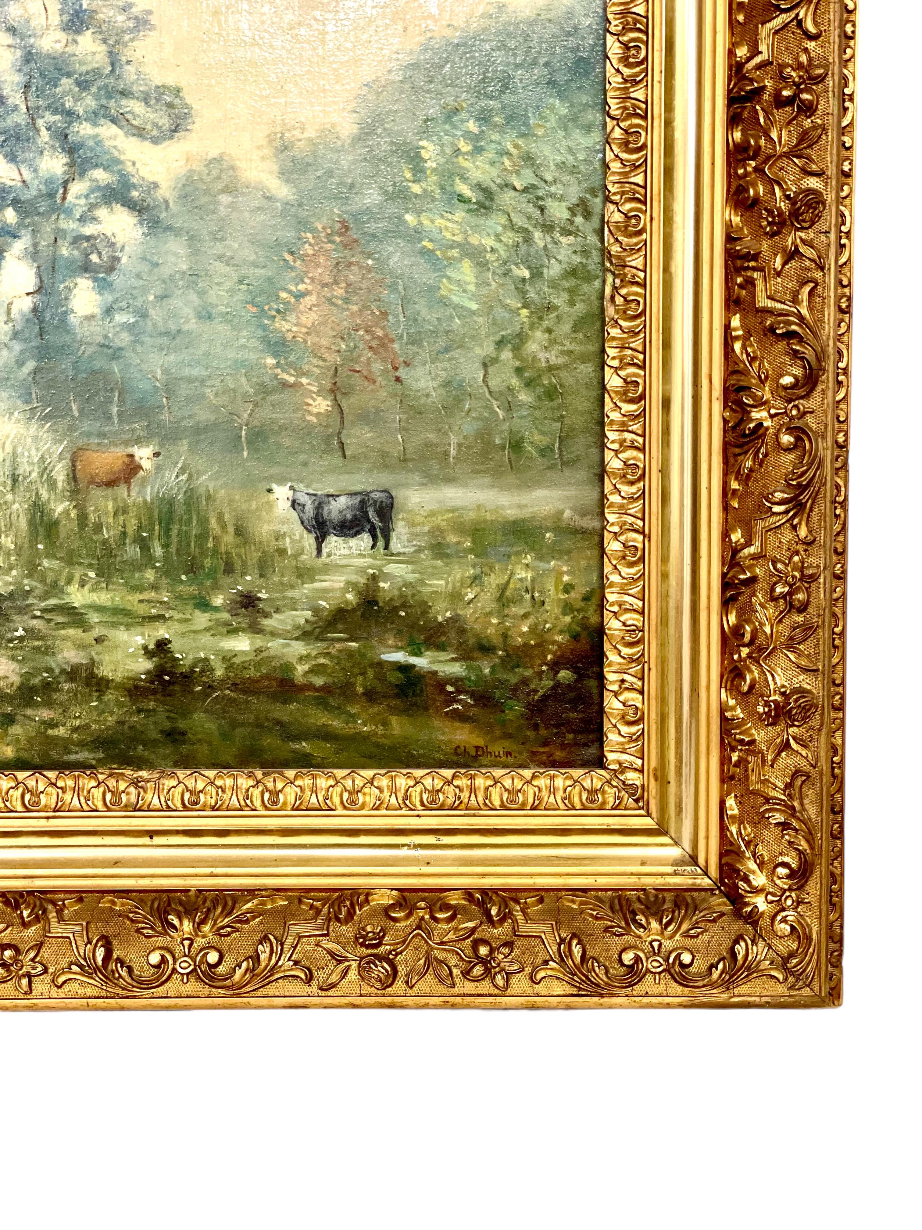 French Provincial Large Oil on Panel: 'The Cowherder by the Pond', by Charles Dhuin For Sale