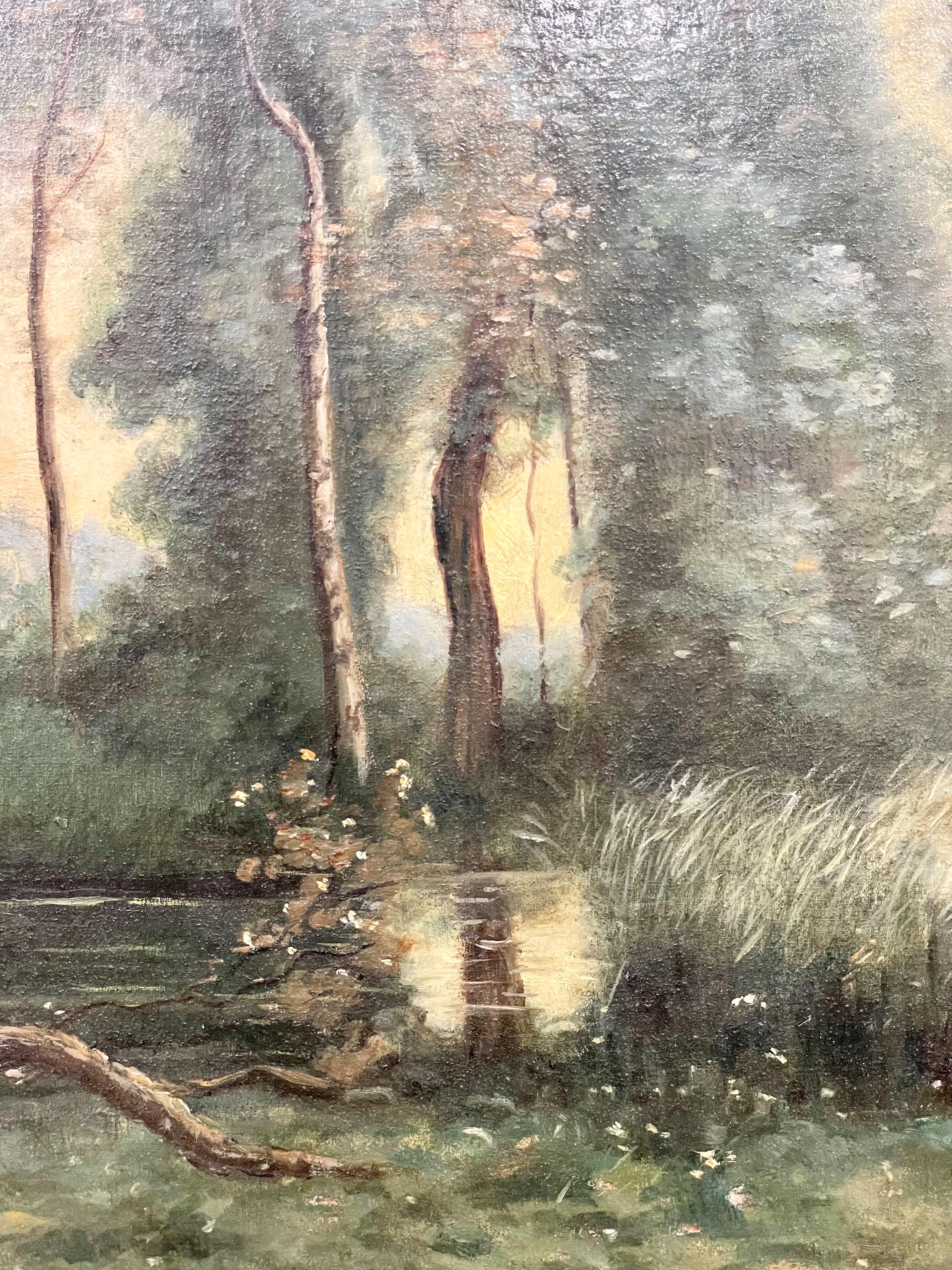 French Large Oil on Panel: 'The Cowherder by the Pond', by Charles Dhuin For Sale