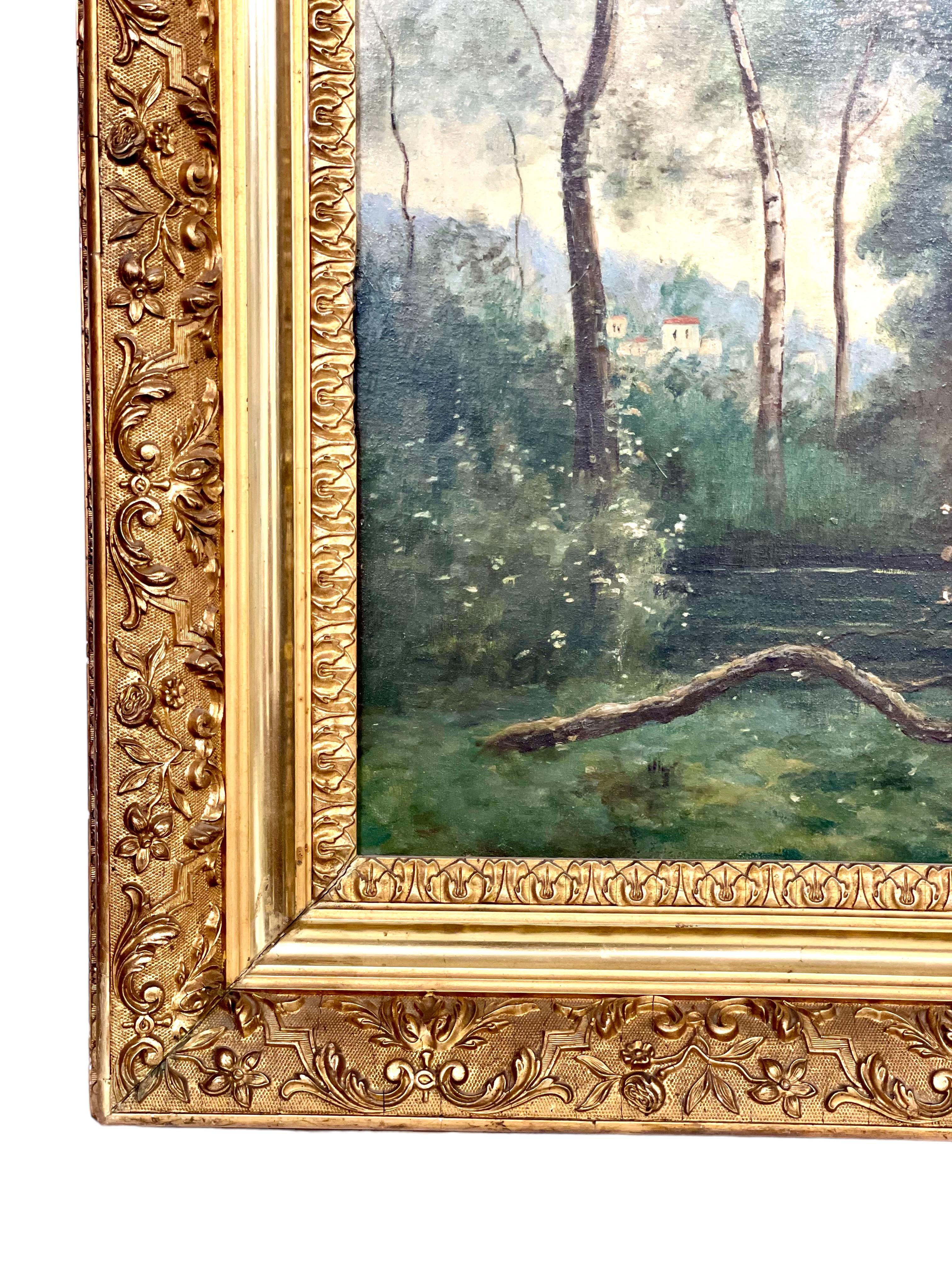 Gilt Large Oil on Panel: 'The Cowherder by the Pond', by Charles Dhuin For Sale
