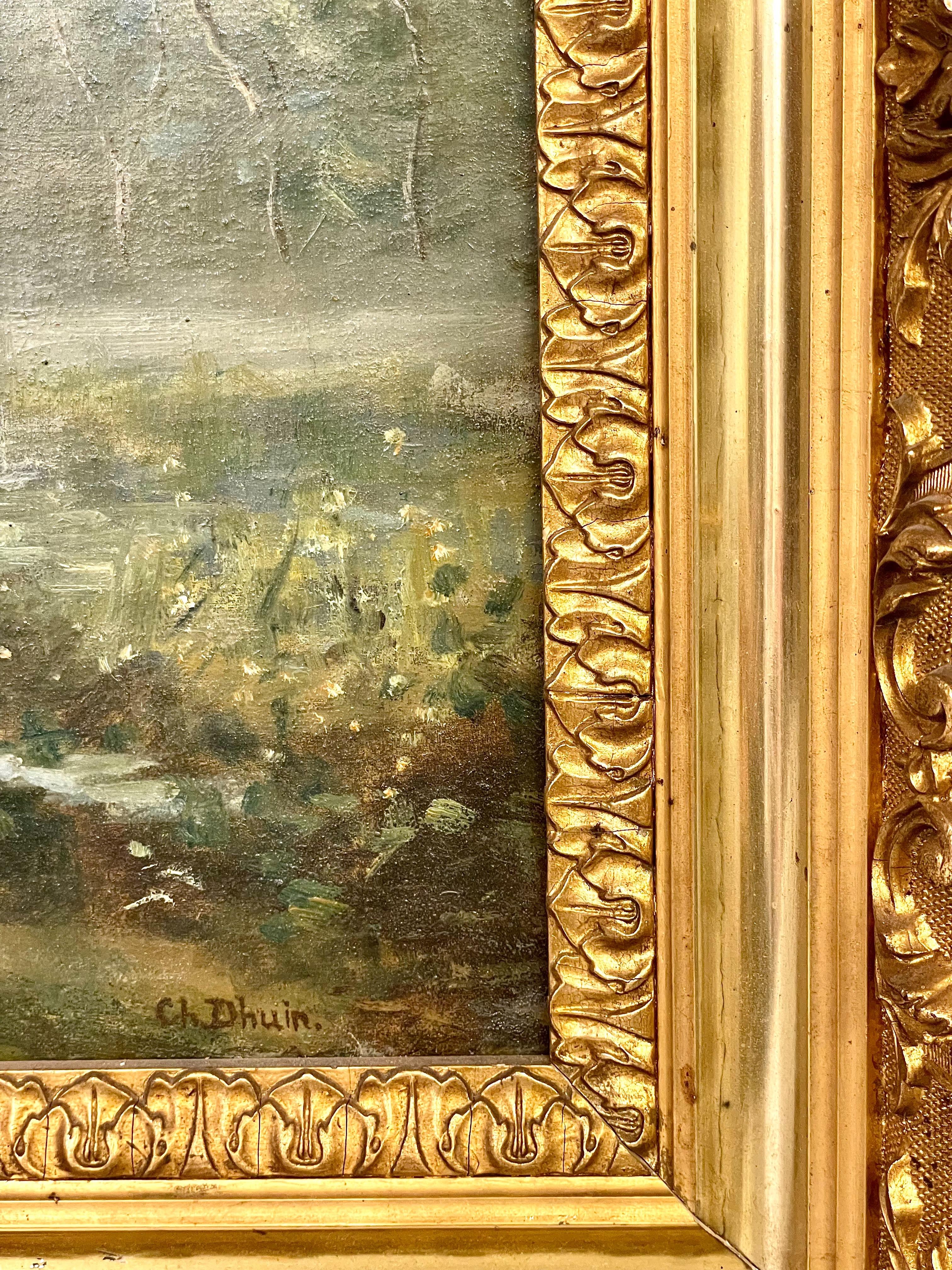 19th Century Large Oil on Panel: 'The Cowherder by the Pond', by Charles Dhuin For Sale