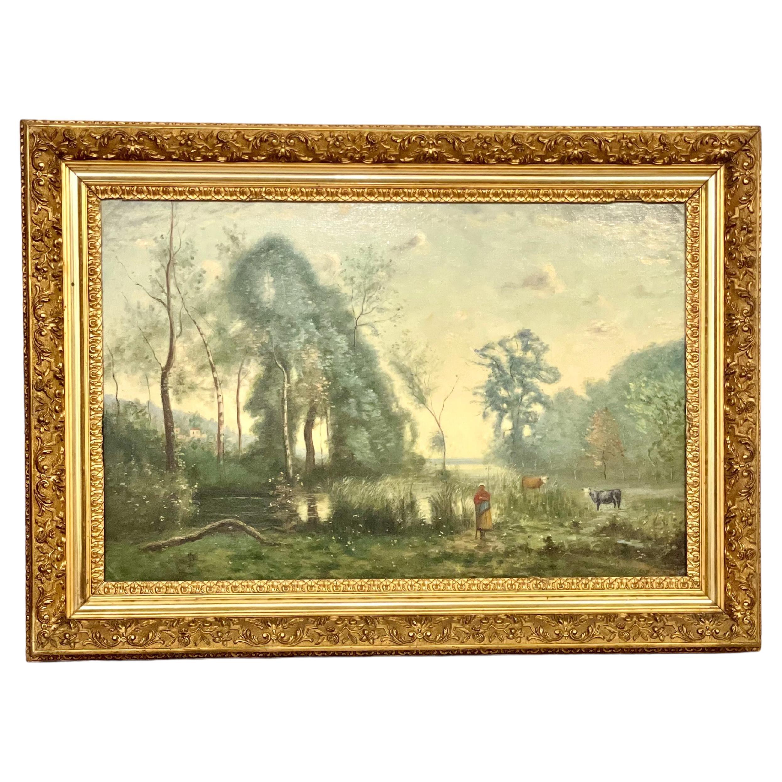 Large Oil on Panel: 'The Cowherder by the Pond', by Charles Dhuin For Sale