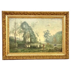 Olio su pannello di grandi dimensioni "Il vaccaro vicino allo stagno", di Charles Dhuin
