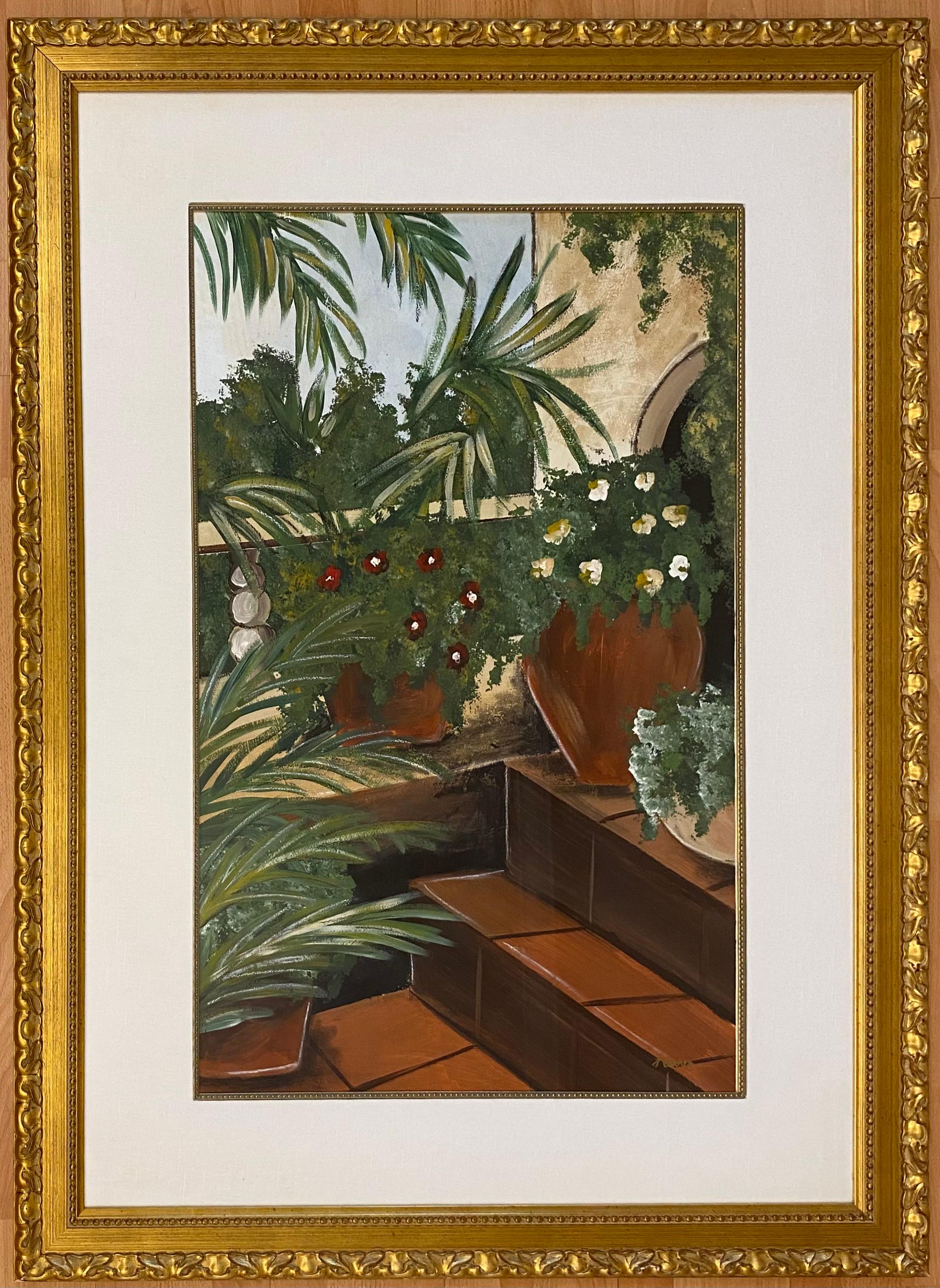 Interiors and Exteriors.
The scene depicts beautiful aspects of nature and home decor.  

Highly stylized, this artwork clearly represents beautiful environments. 

Bold colors that will enhance any space. 
Presented in a very good quality gilt wood