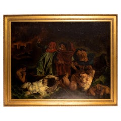 Large Oil Painting After Eugène Delacroix, The Barque of Dante, Gilt Frame