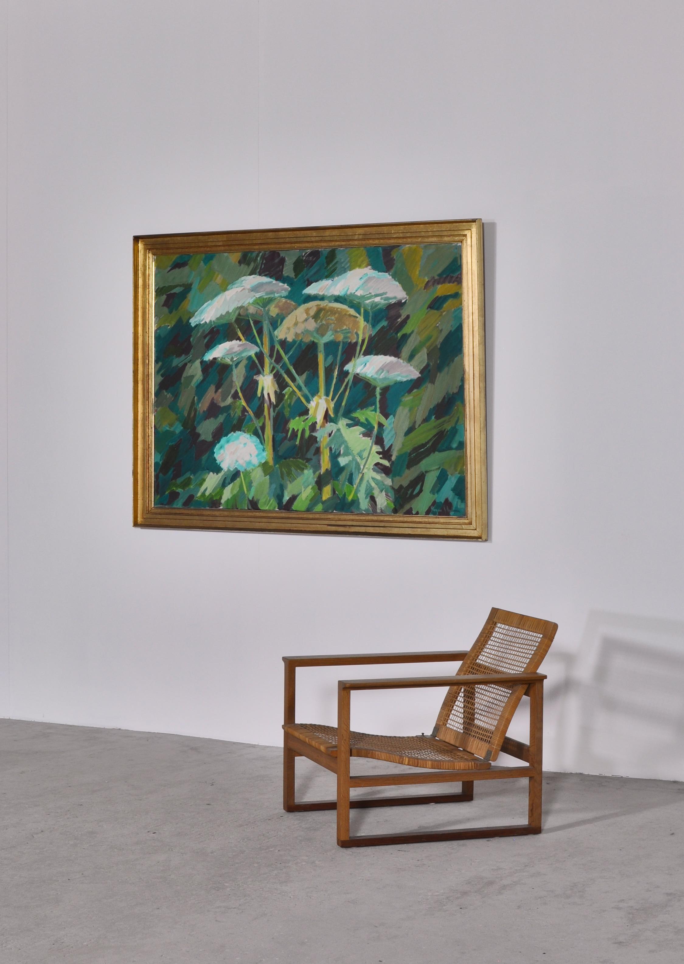 Impressive oil on canvas painting from the 1950s by renown Danish artist Mogens S. Andersen. The motif is semi abstract and depicts Giant Hogweeds in green-bluish colors. The painting is hung in its original gold painted frame.
Among many things