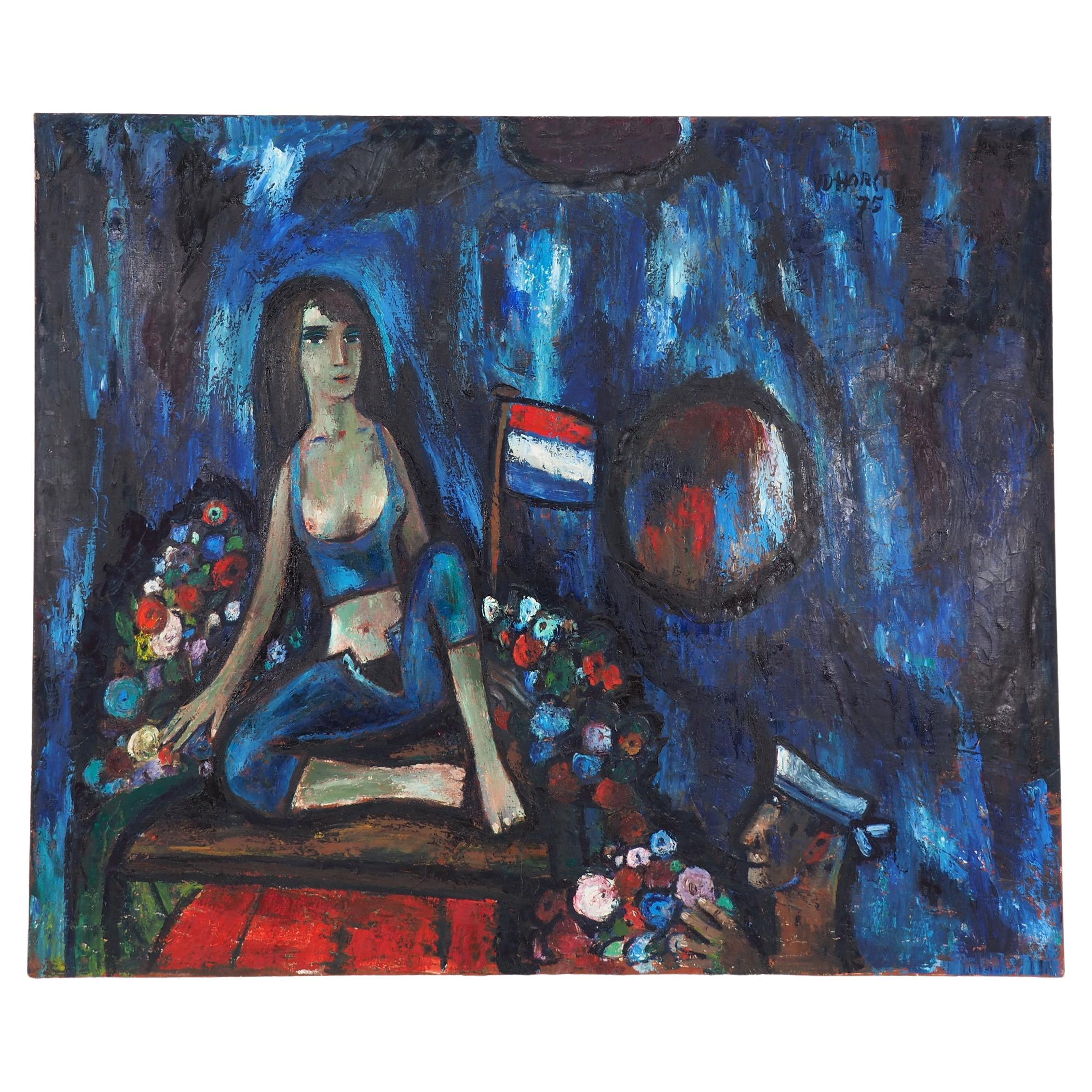 Grande peinture à l'huile de Theo van der Horst représentant une jeune fille et un marin