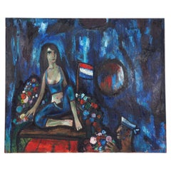 Grande peinture à l'huile de Theo van der Horst représentant une jeune fille et un marin