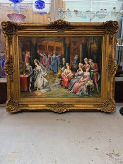 Large Oil Painting in a Decorative Frame Depicting 19th Century Social Gathering