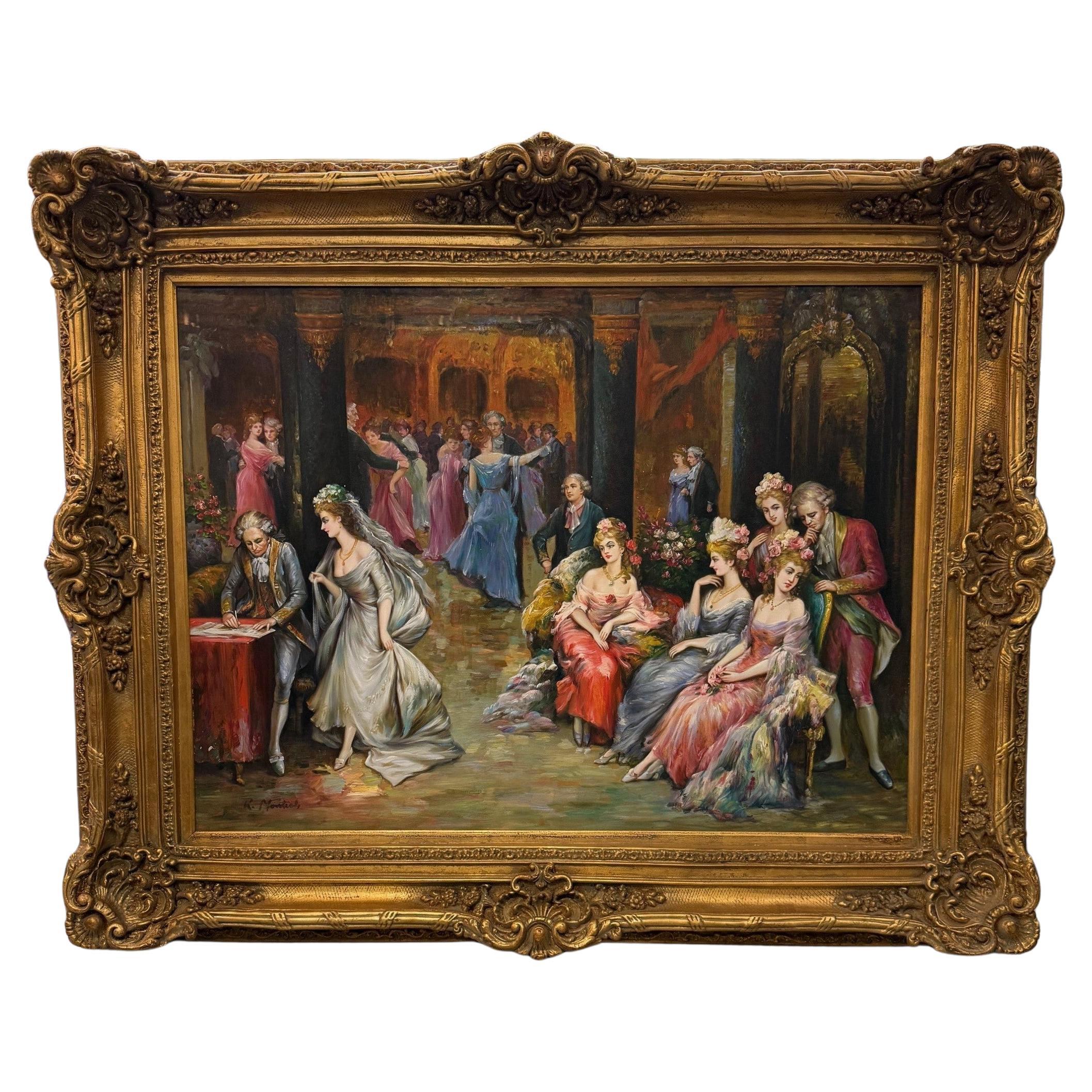 Large Oil Painting in a Decorative Frame Depicting 19th Century Social Gathering For Sale