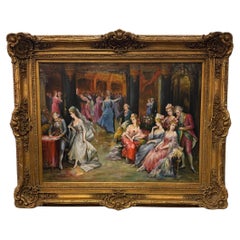 Large Oil Painting in a Decorative Frame Depicting 19th Century Social Gathering