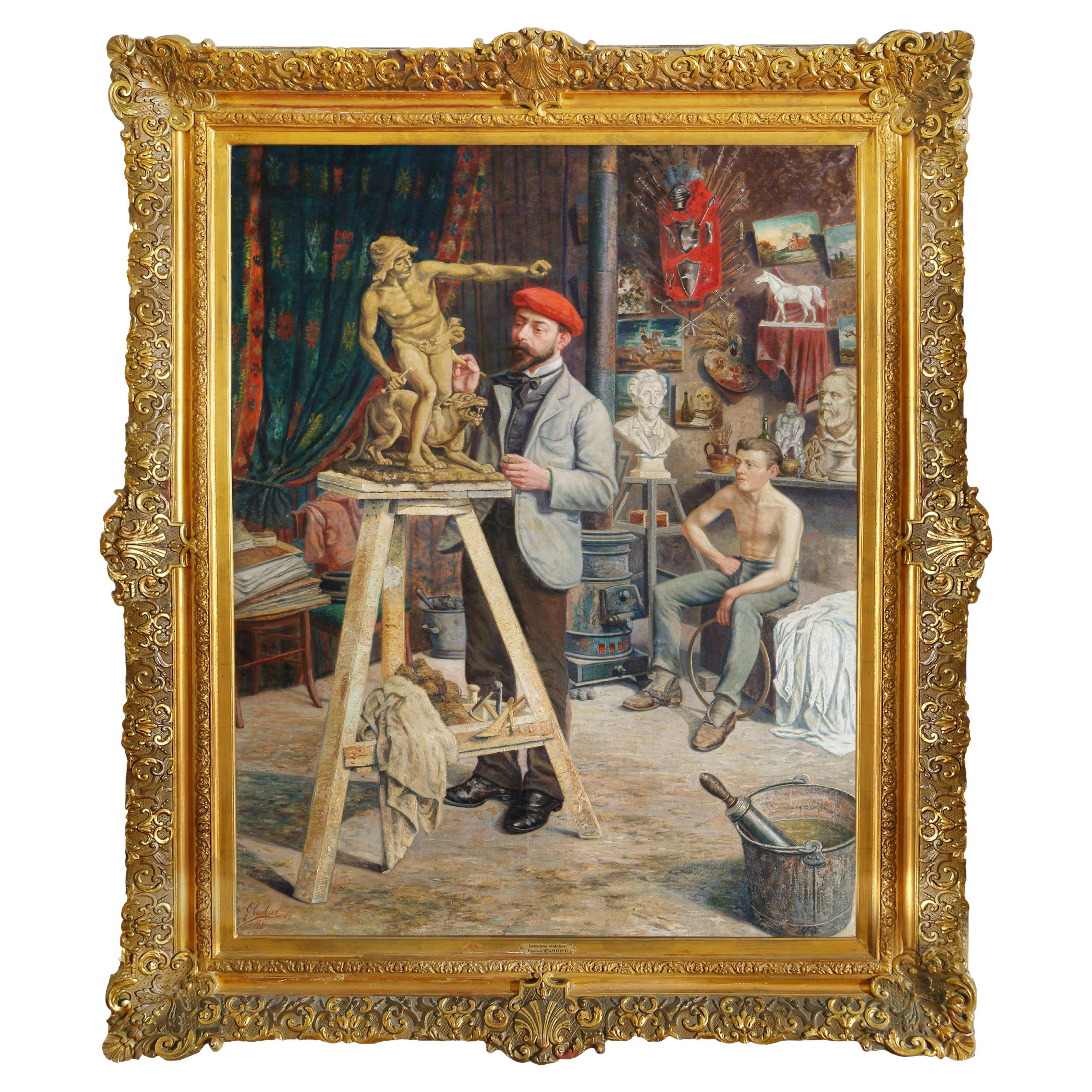 Grande peinture à l'huile "Intérieur D'atelier" par Gustave Cambier