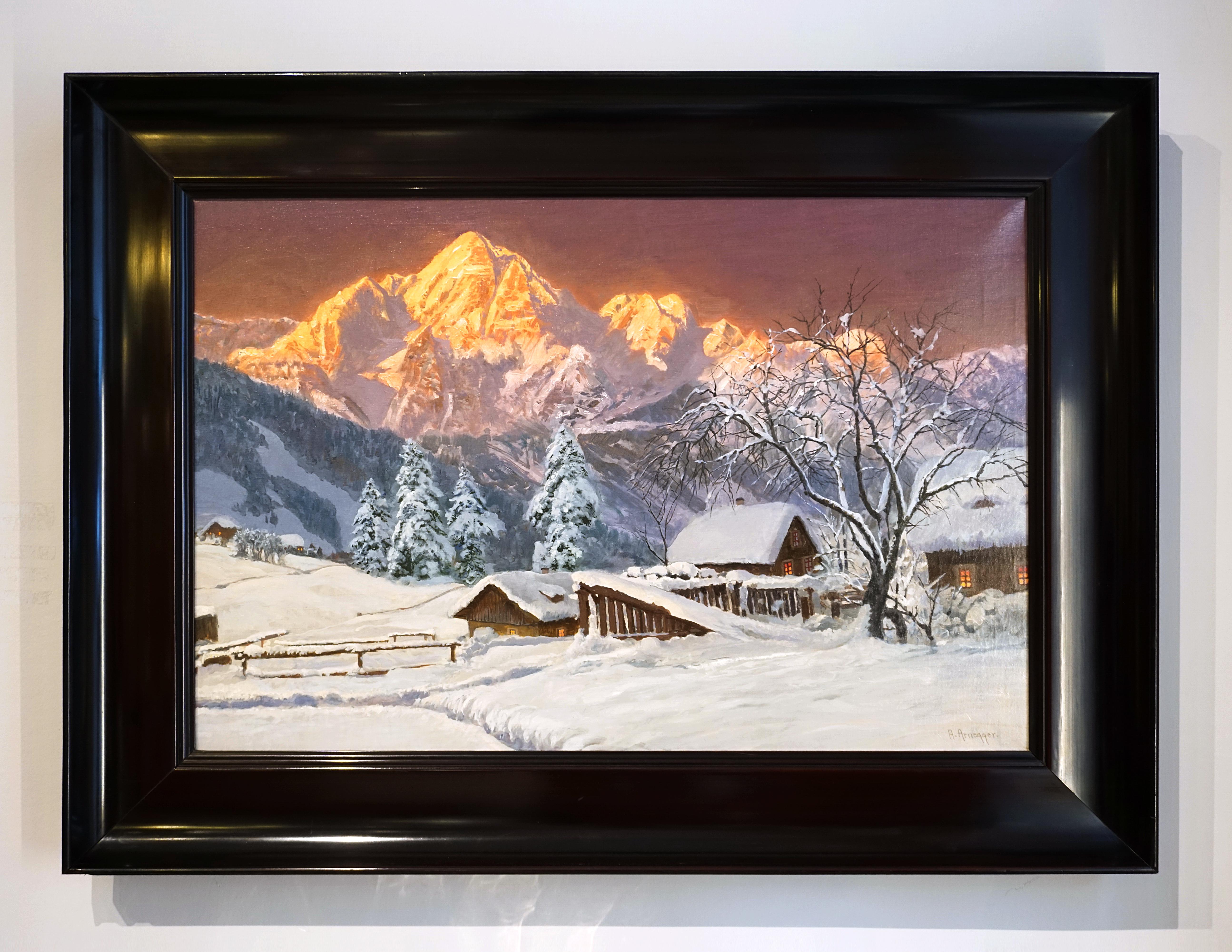 'Lienzer Tauern - Spitzkofel' (mountain range)
Oil on canvas
Signed A. Arnegger.
In black lacquered wooden frame


Winter landscape: depiction of the Spitzkofel, a mountain range in the Lienzer Tauern, East Tyrol, Austria, at dusk, with a